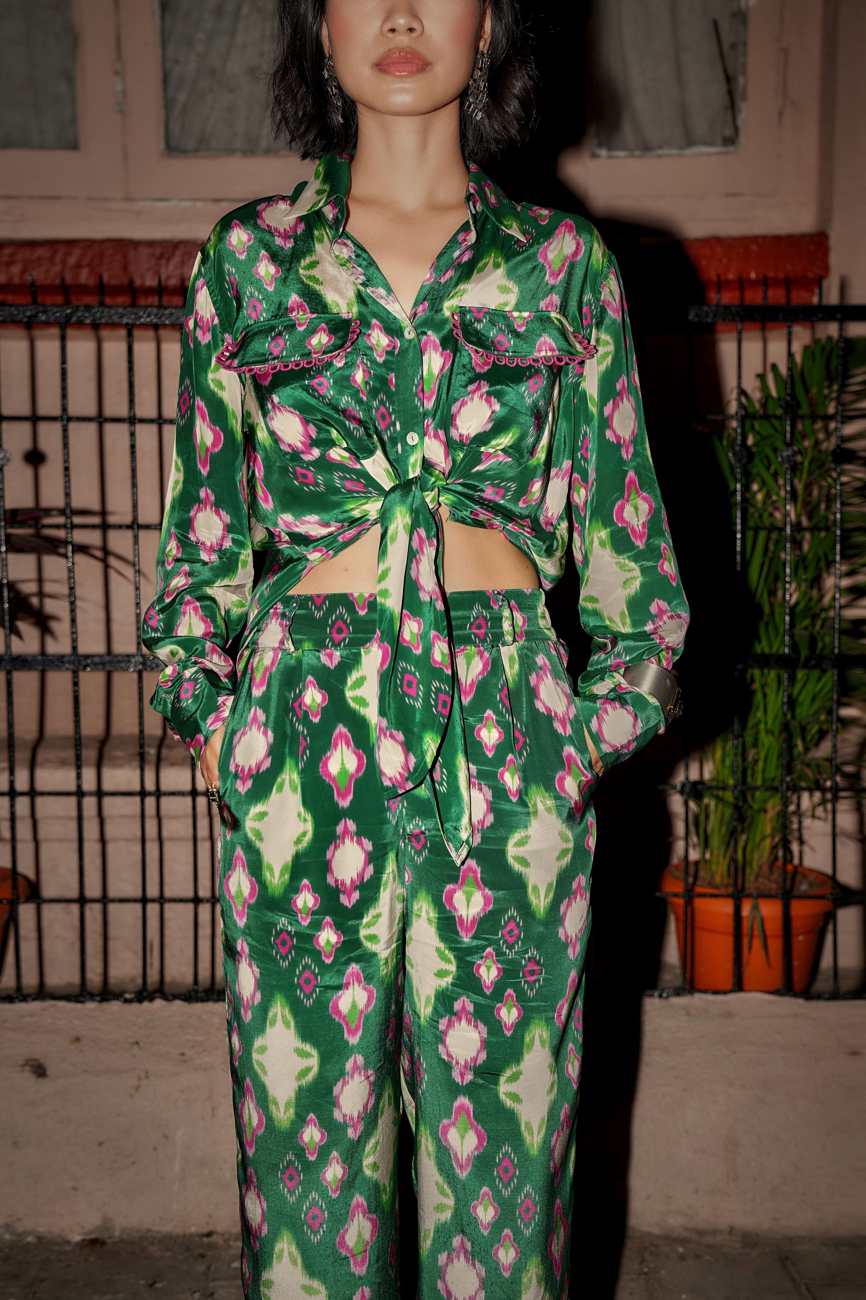 Cafe Green Ikat Straight Trousers