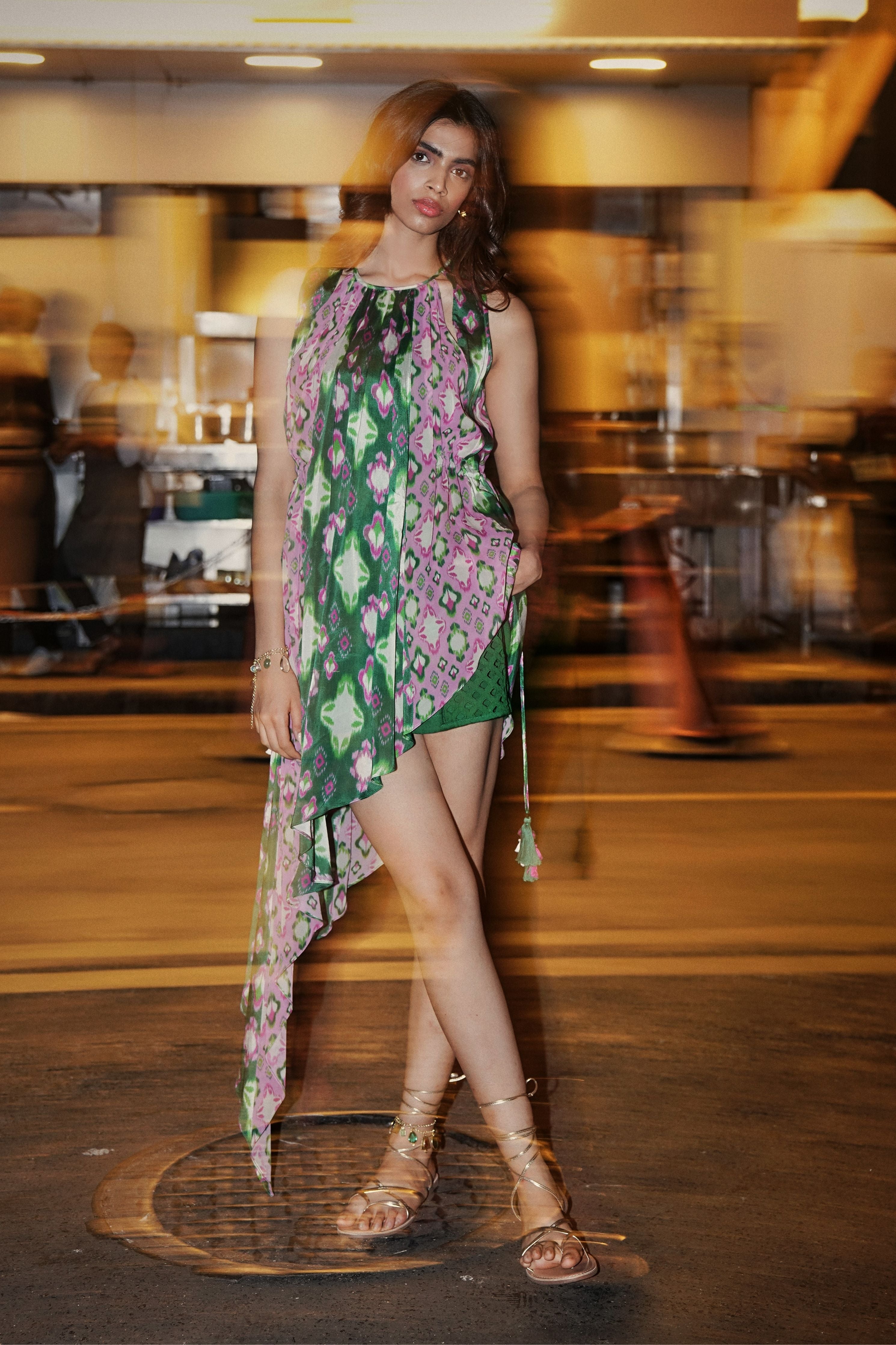 Ikat Print Mix Cascade High Low Top