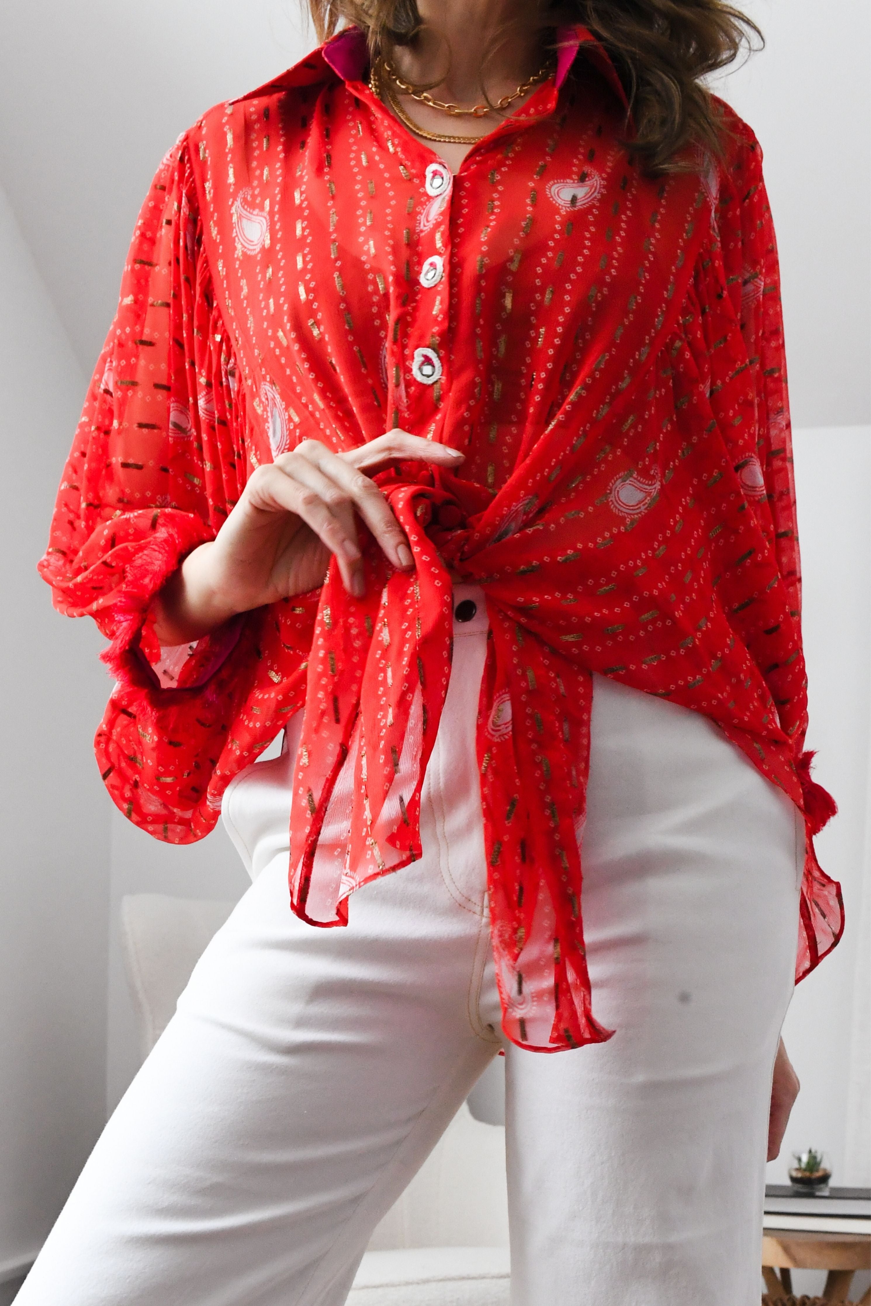 Red Bandhini Kimono Shirt
