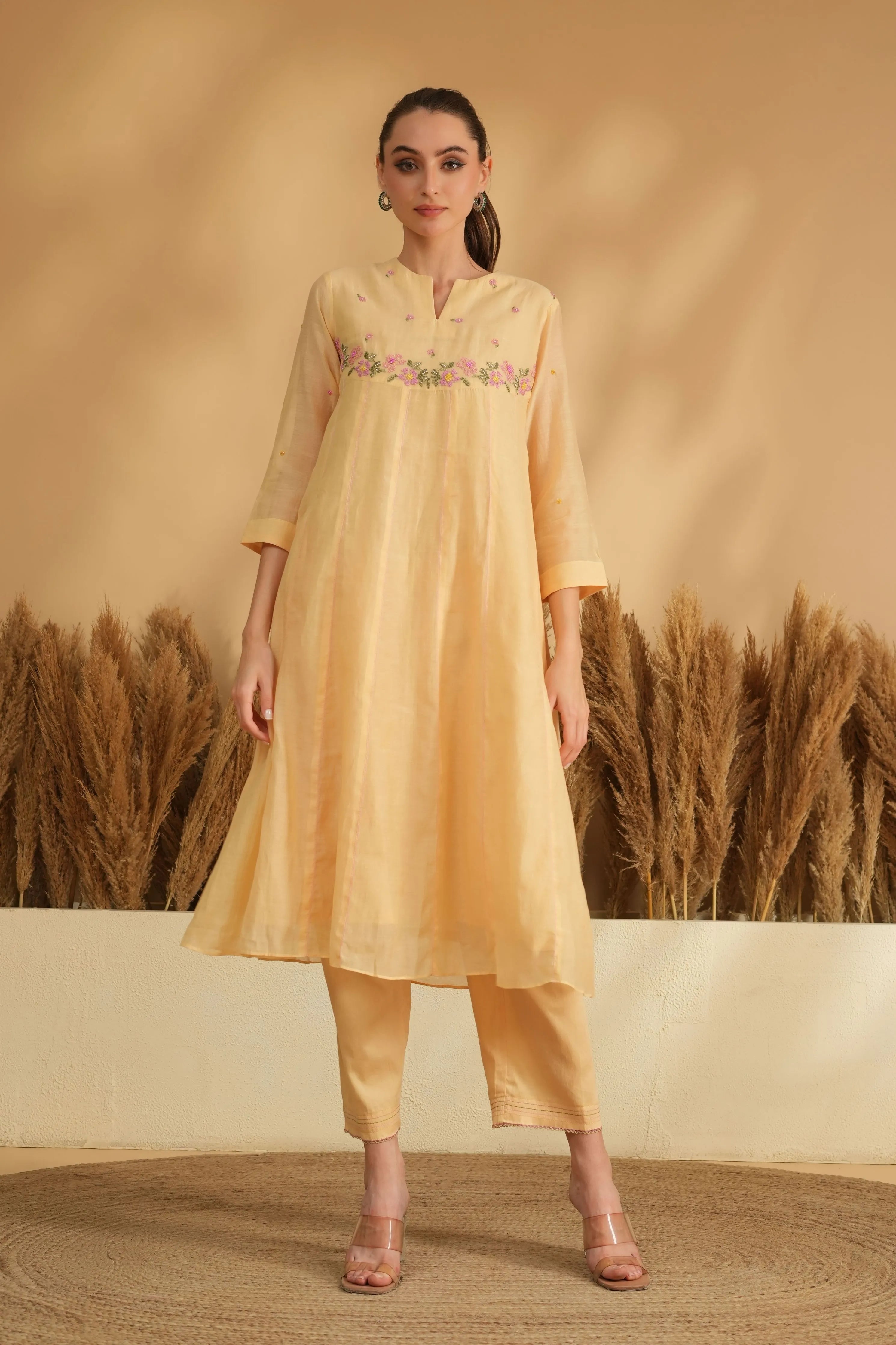 Yellow U Yoke Cross Stitch Kurta Set
