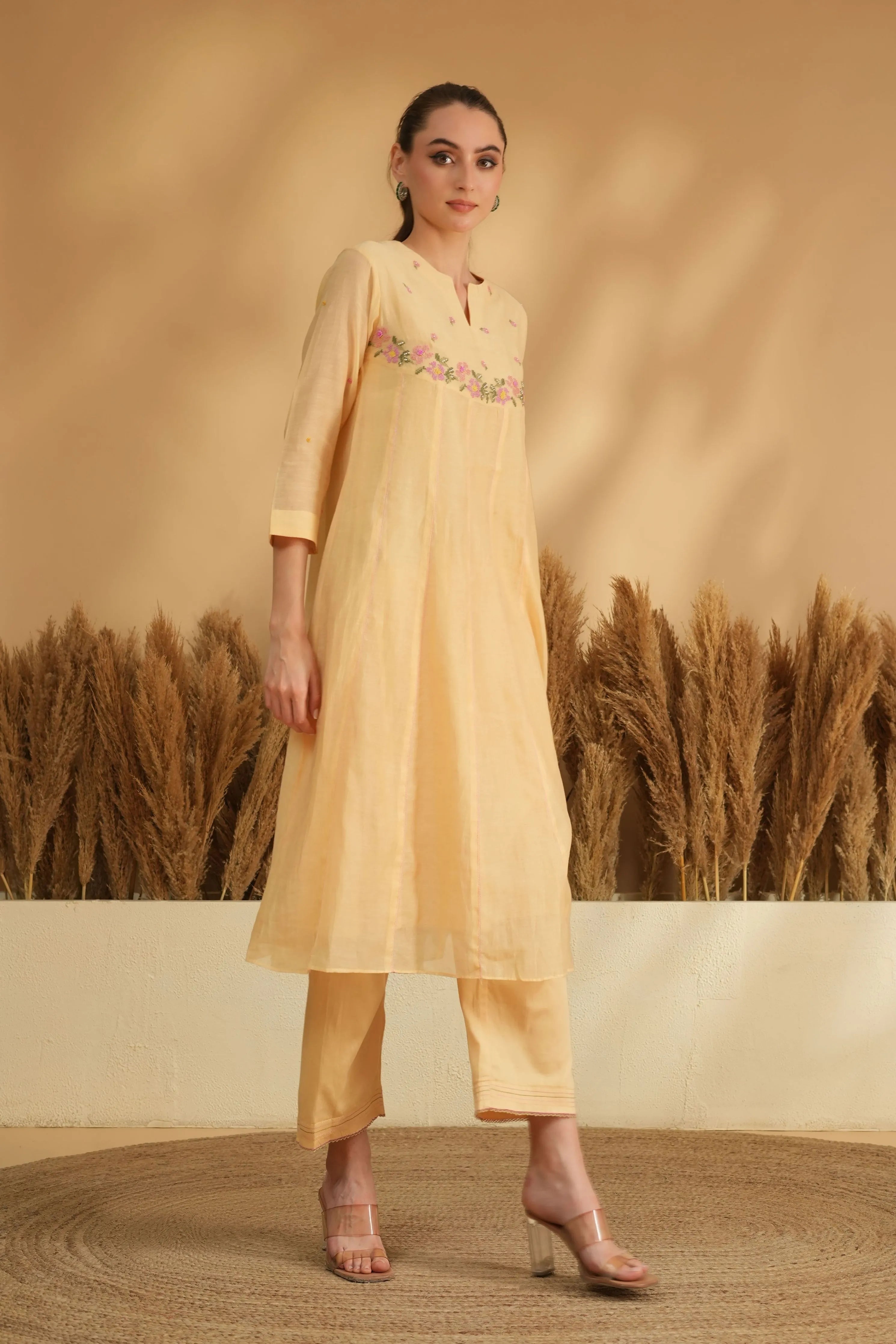 Yellow U Yoke Cross Stitch Kurta Set