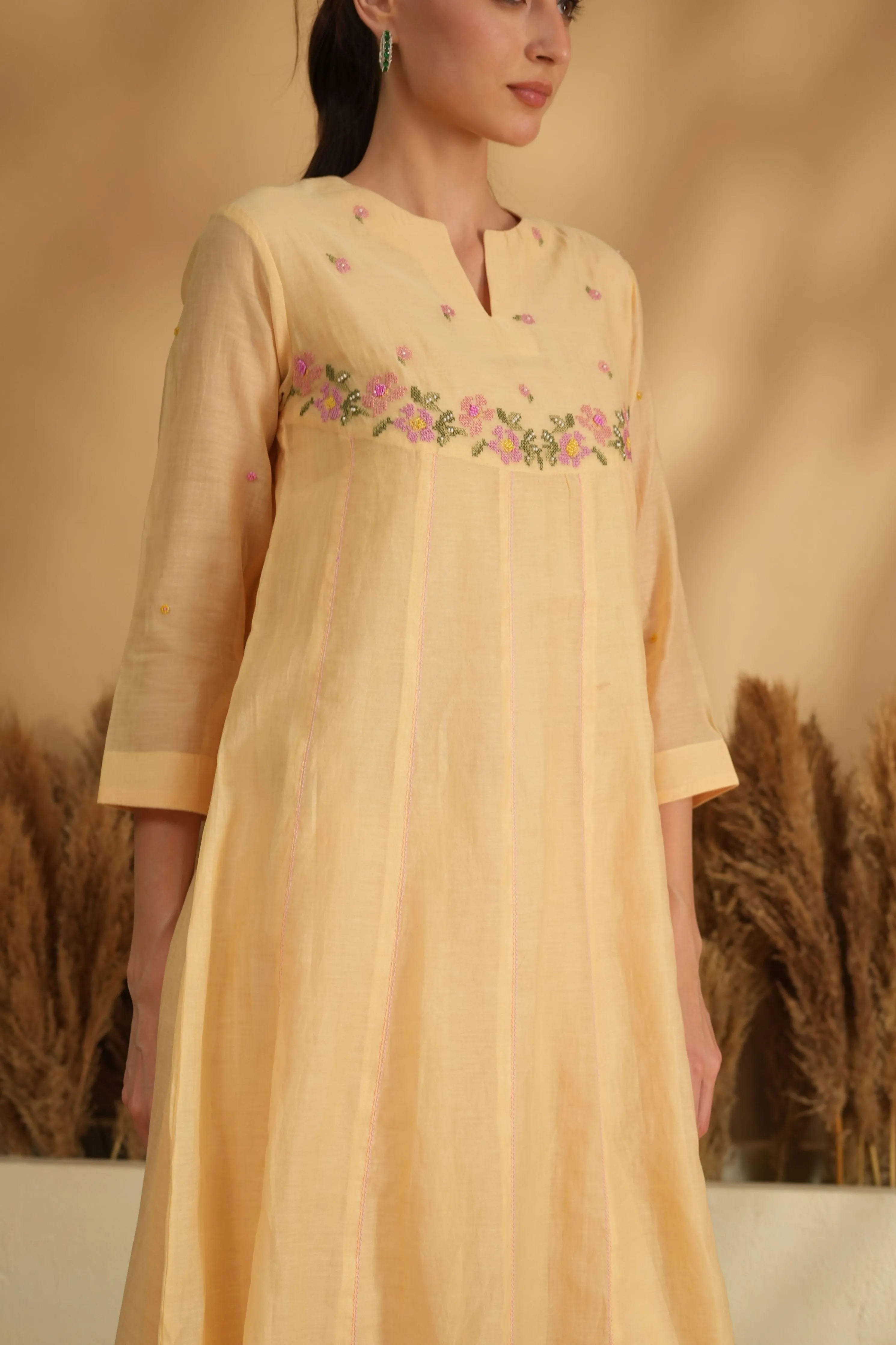 Yellow U Yoke Cross Stitch Kurta Set