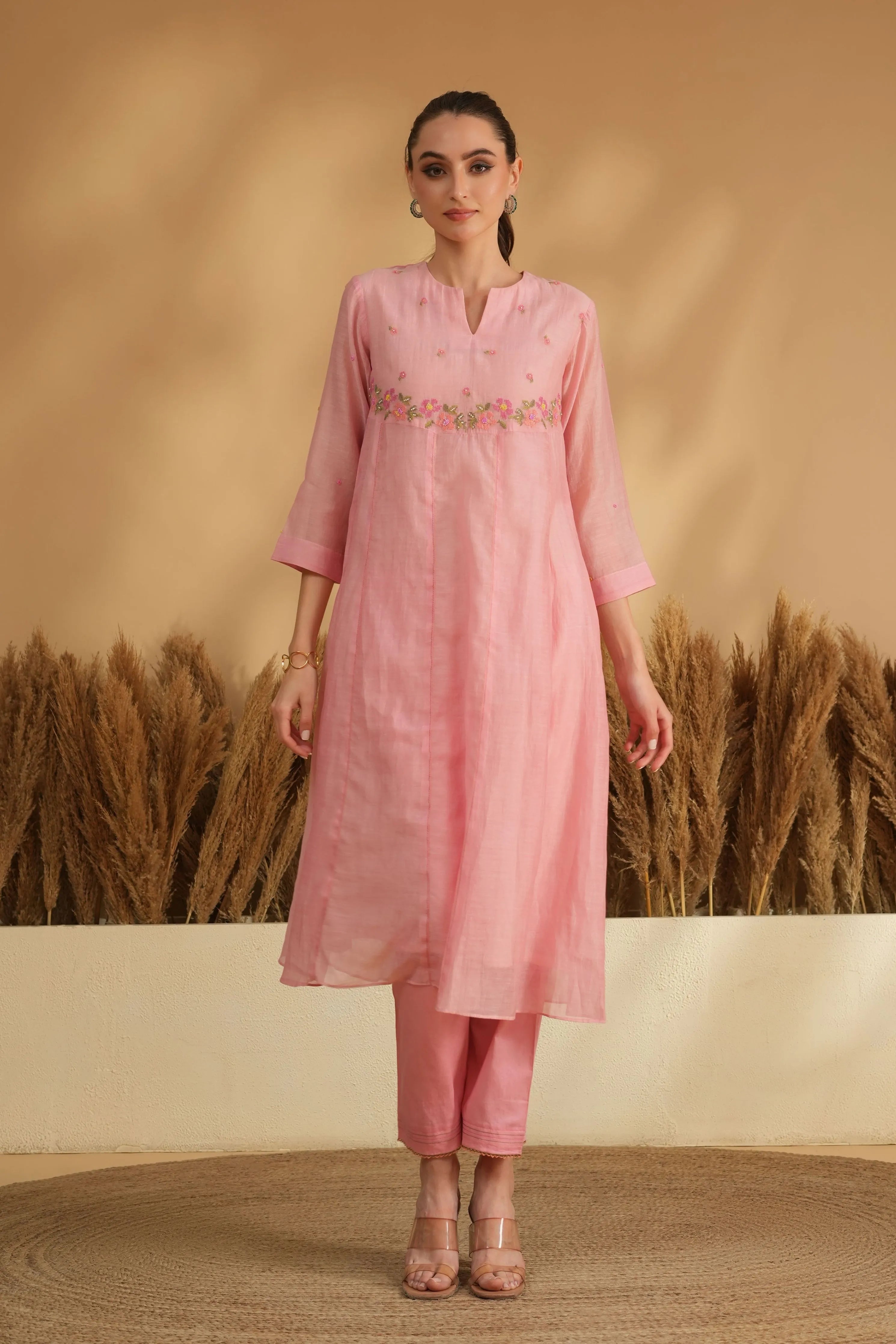 Pink U Yoke Cross Stitch Kurta Set