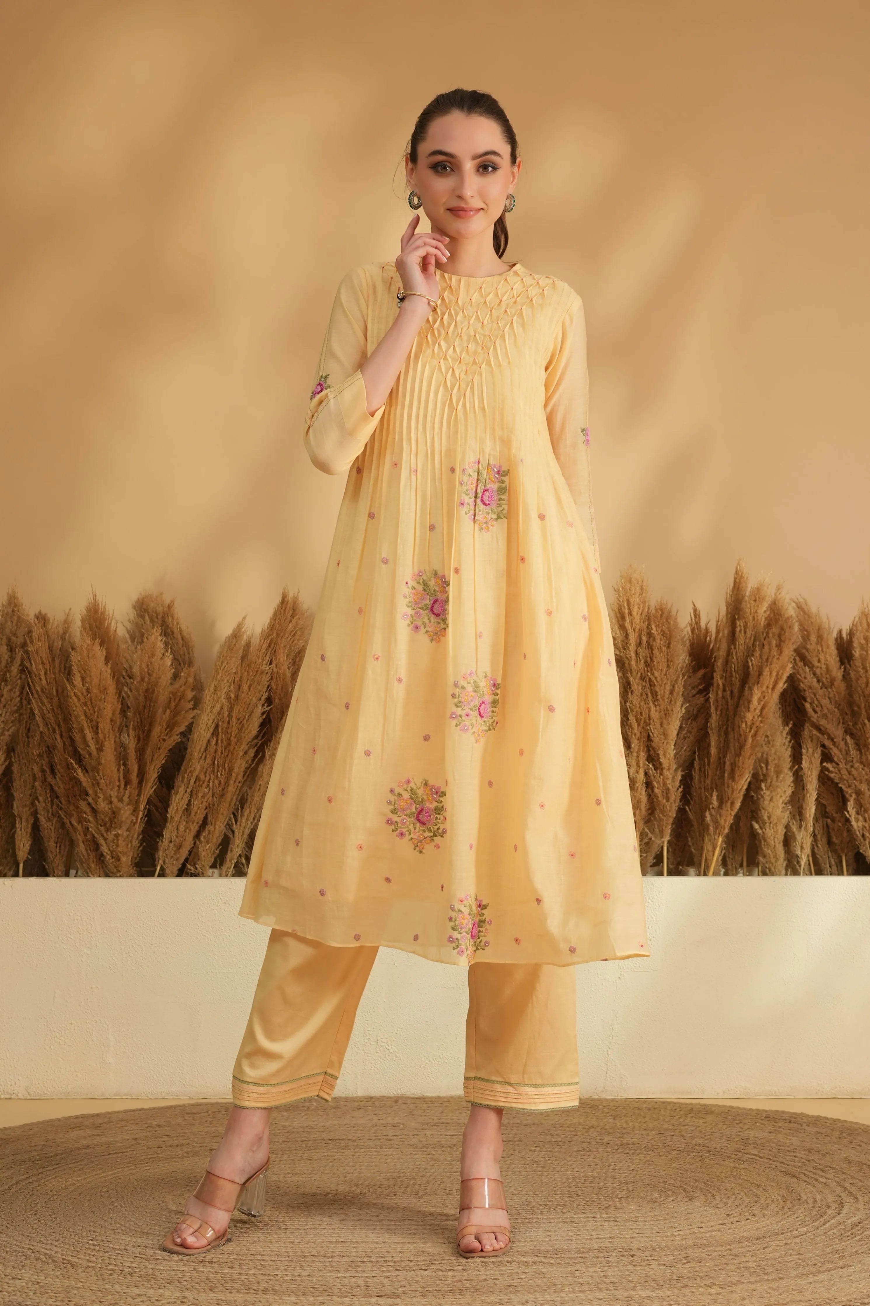 Yellow Smocking Cross Stitch Kurta Set
