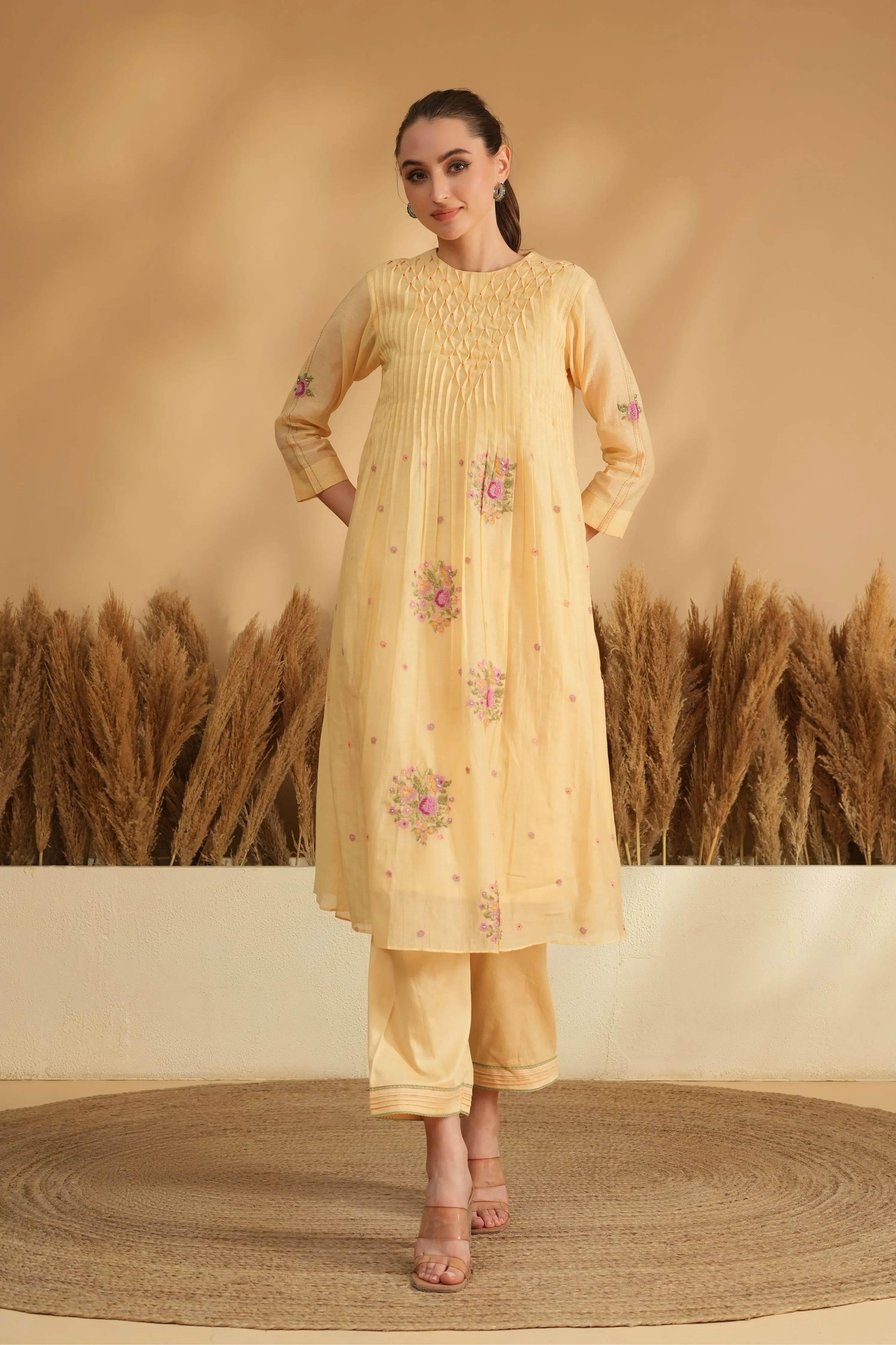 Yellow Smocking Cross Stitch Kurta Set