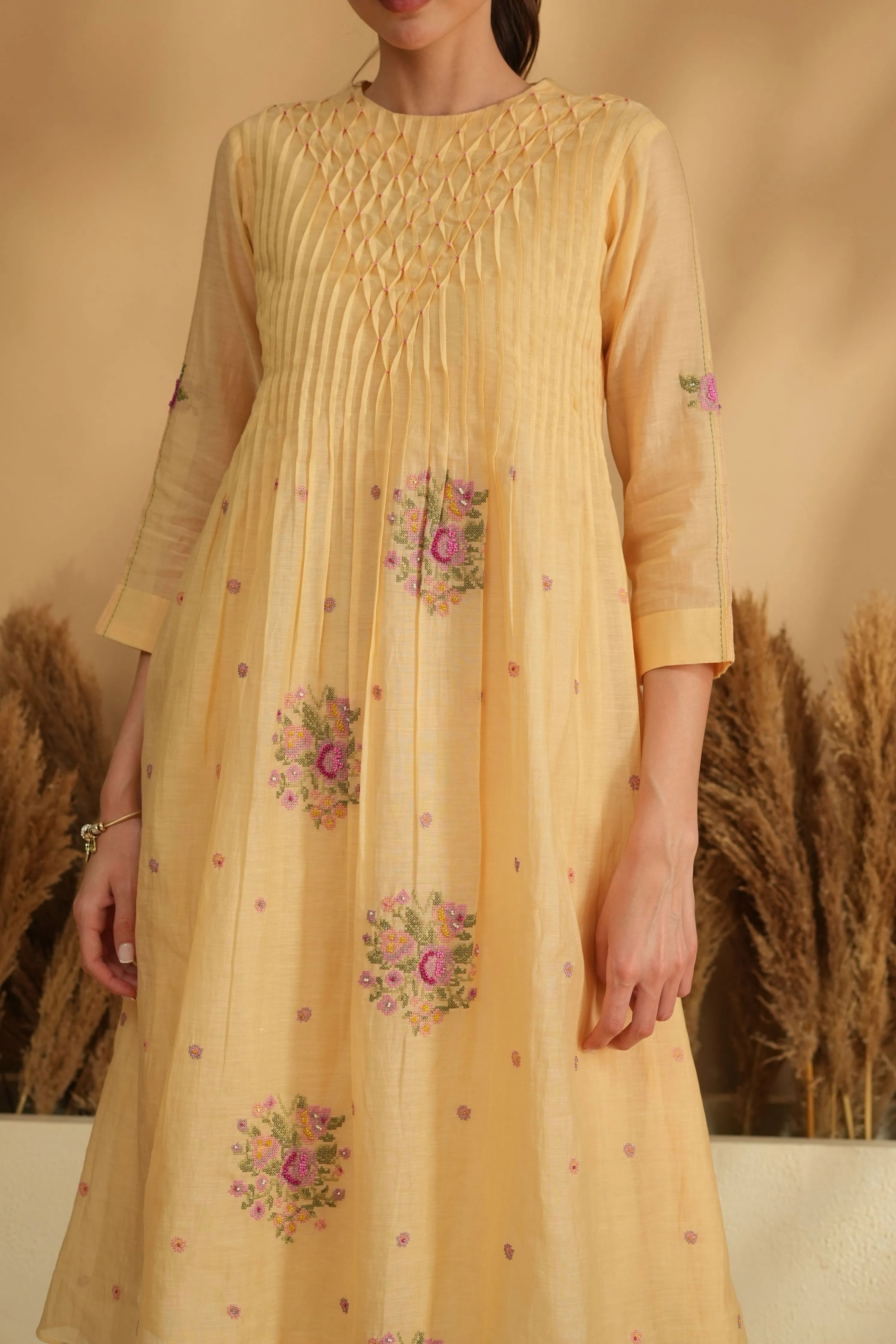 Yellow Smocking Cross Stitch Kurta Set
