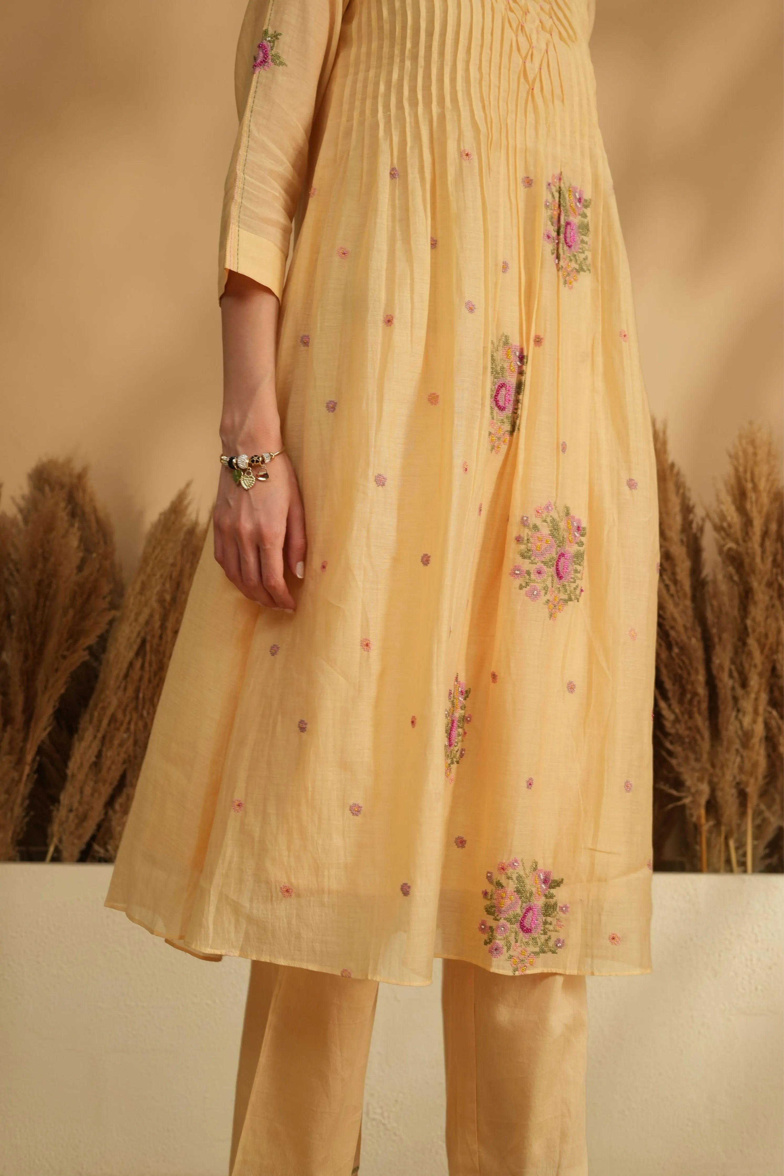Yellow Smocking Cross Stitch Kurta Set