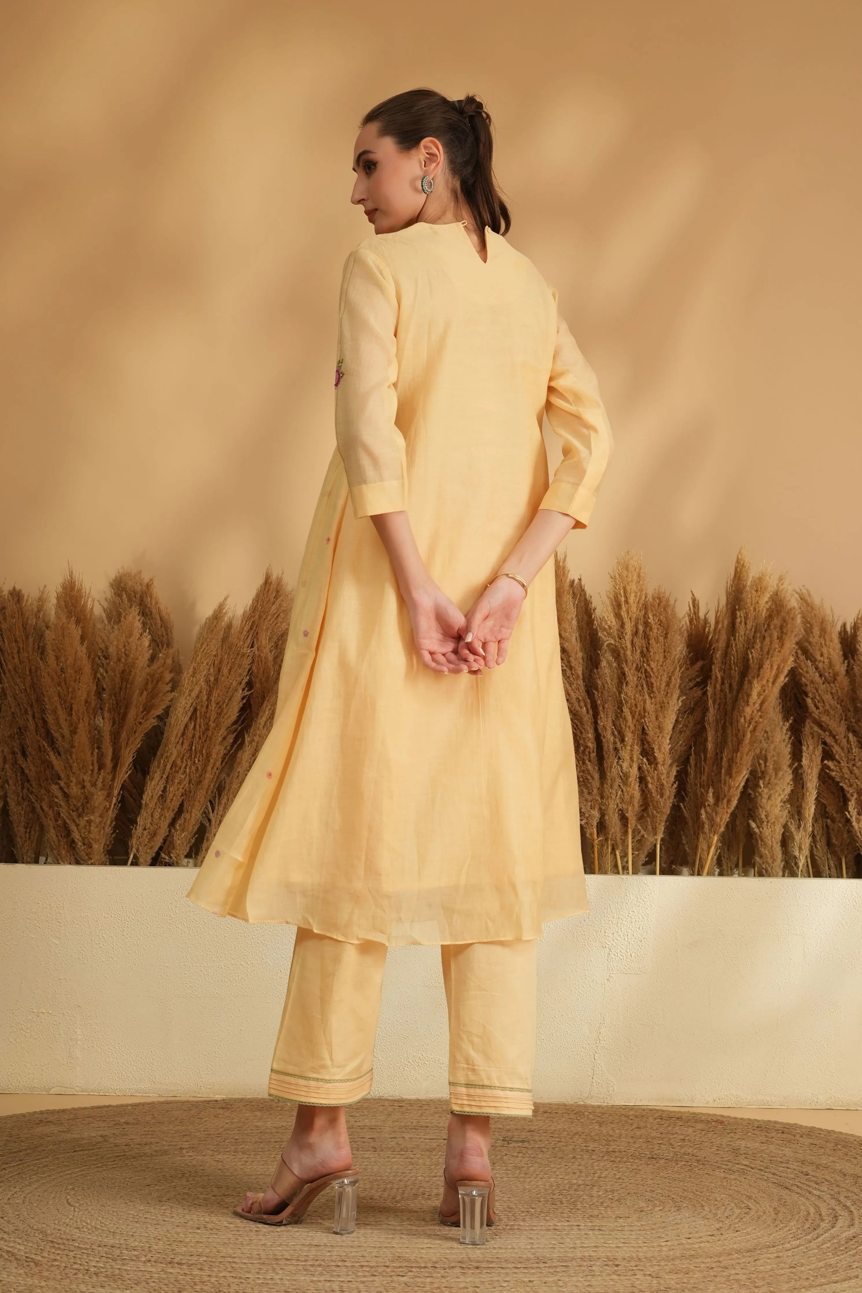 Yellow Smocking Cross Stitch Kurta Set