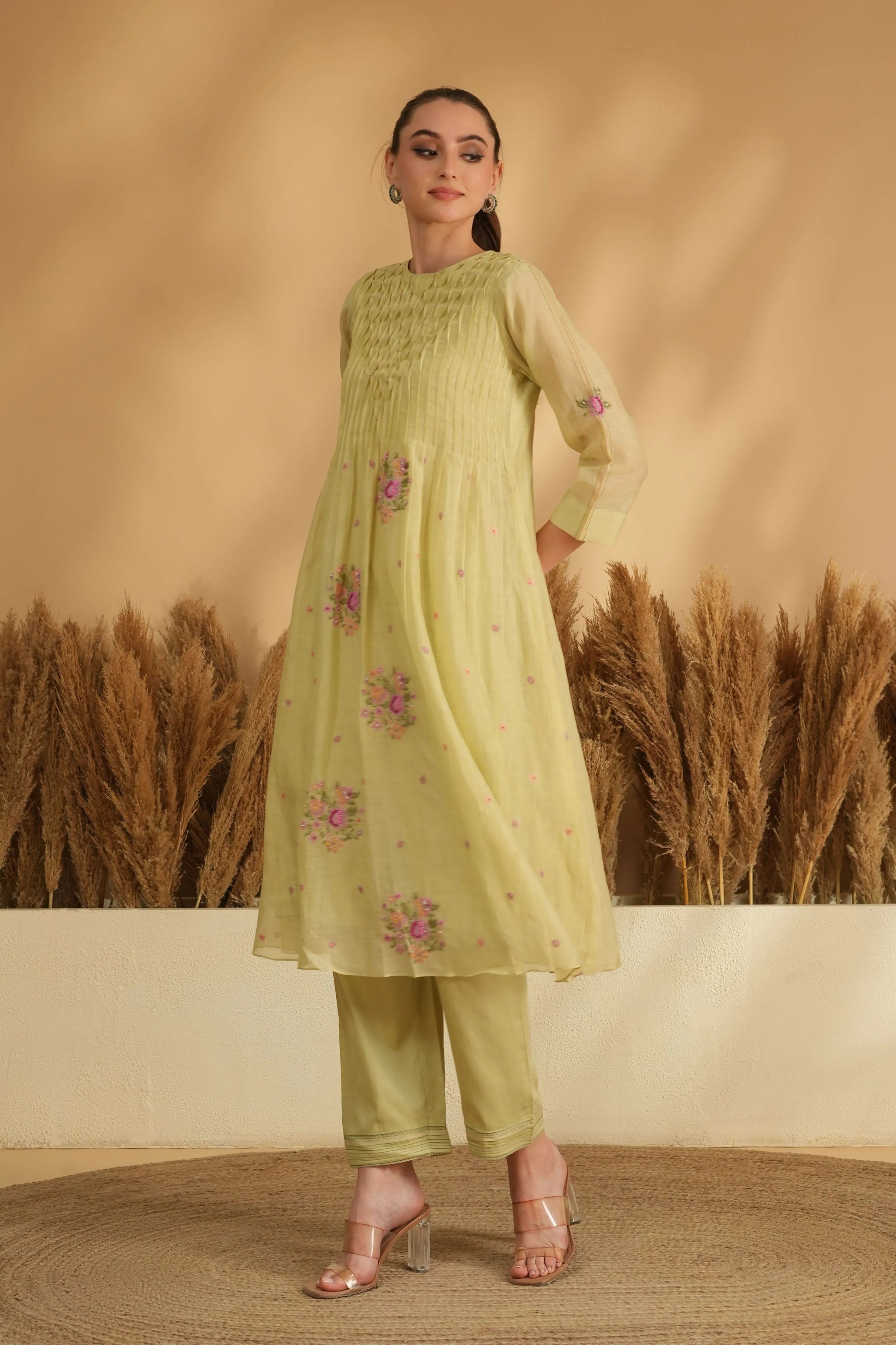 Green Smocking Cross Stitch Kurta Set