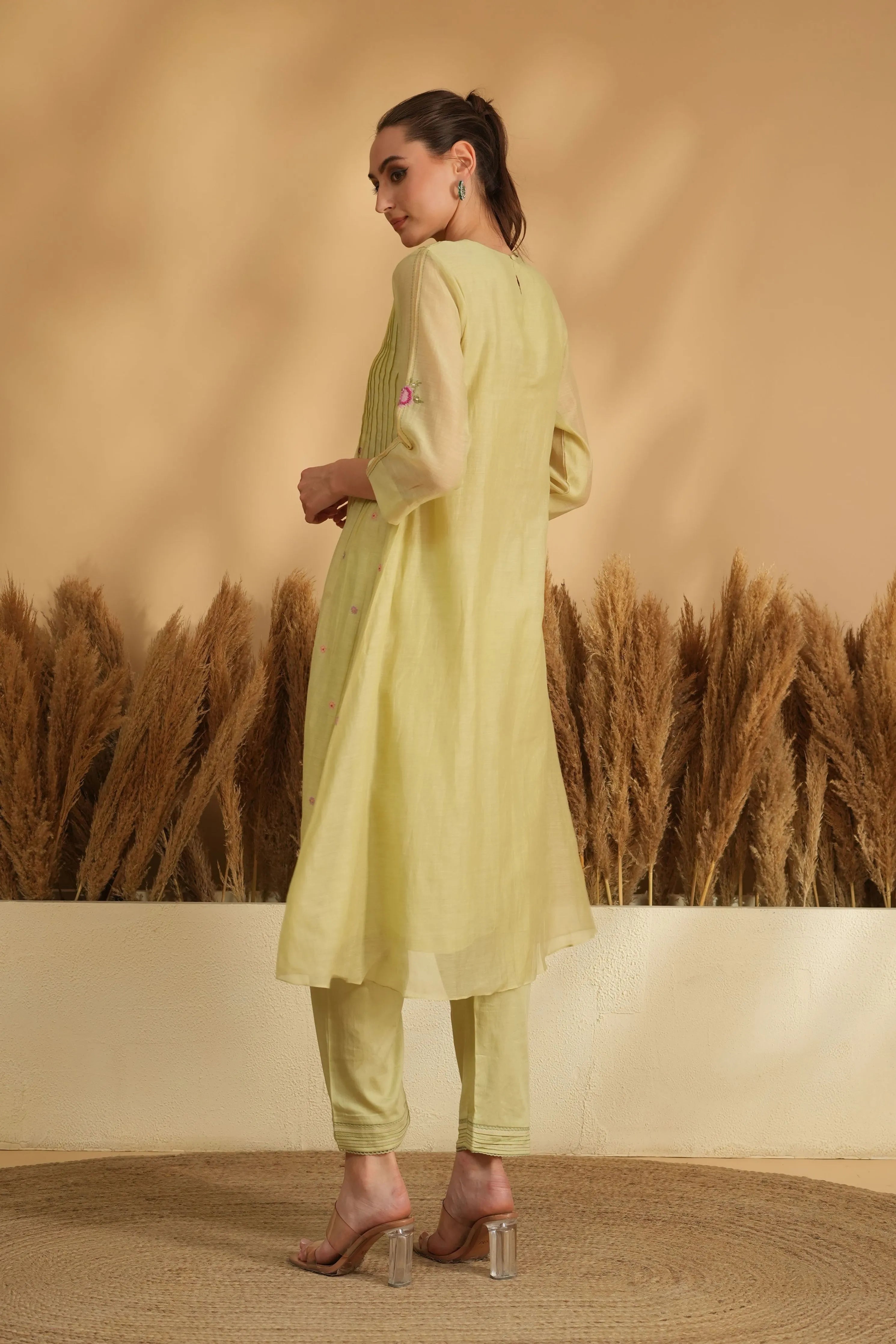 Green Smocking Cross Stitch Kurta Set