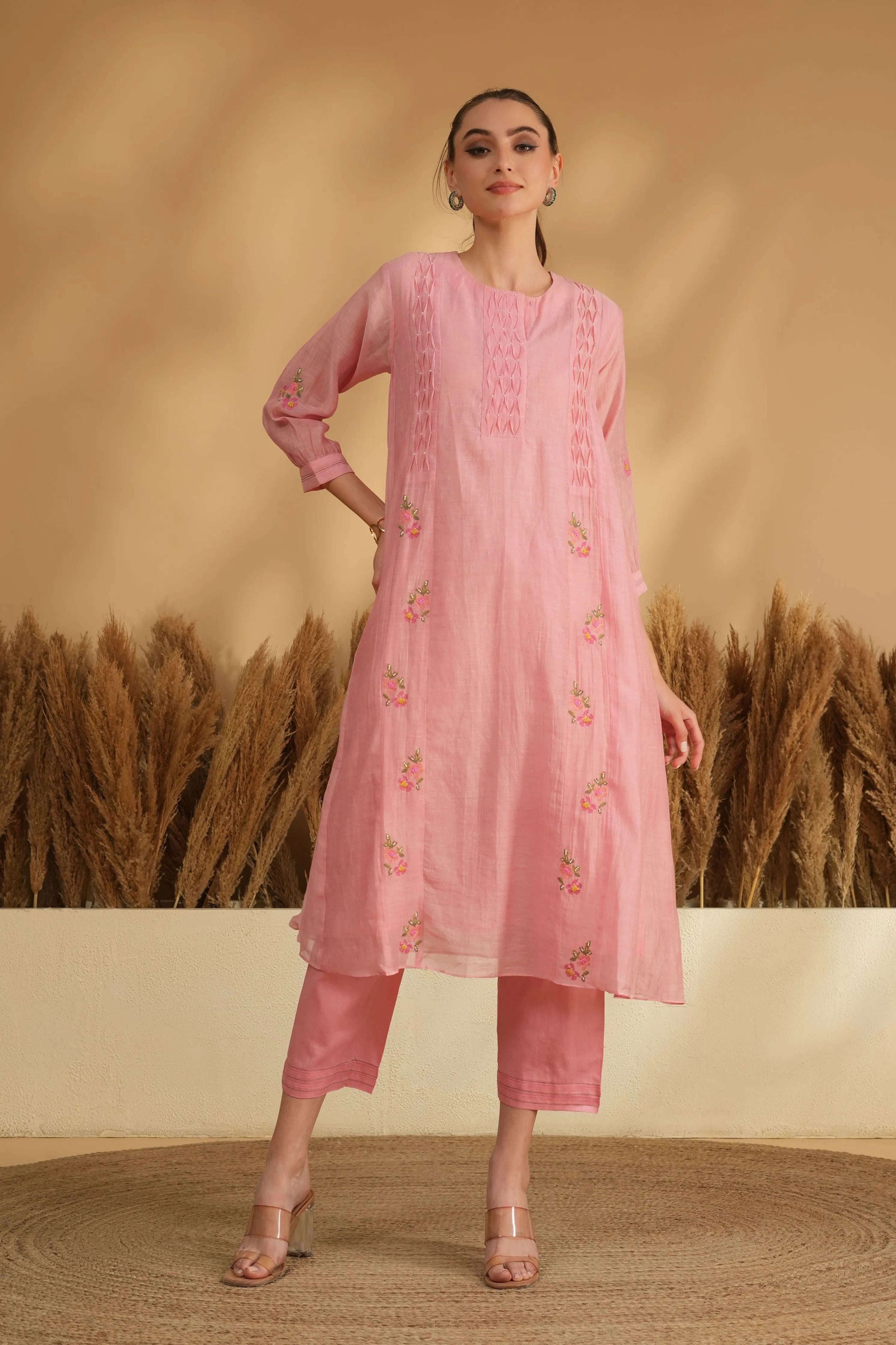 Pink Smocking Panel Cross Stitch Kurta Set