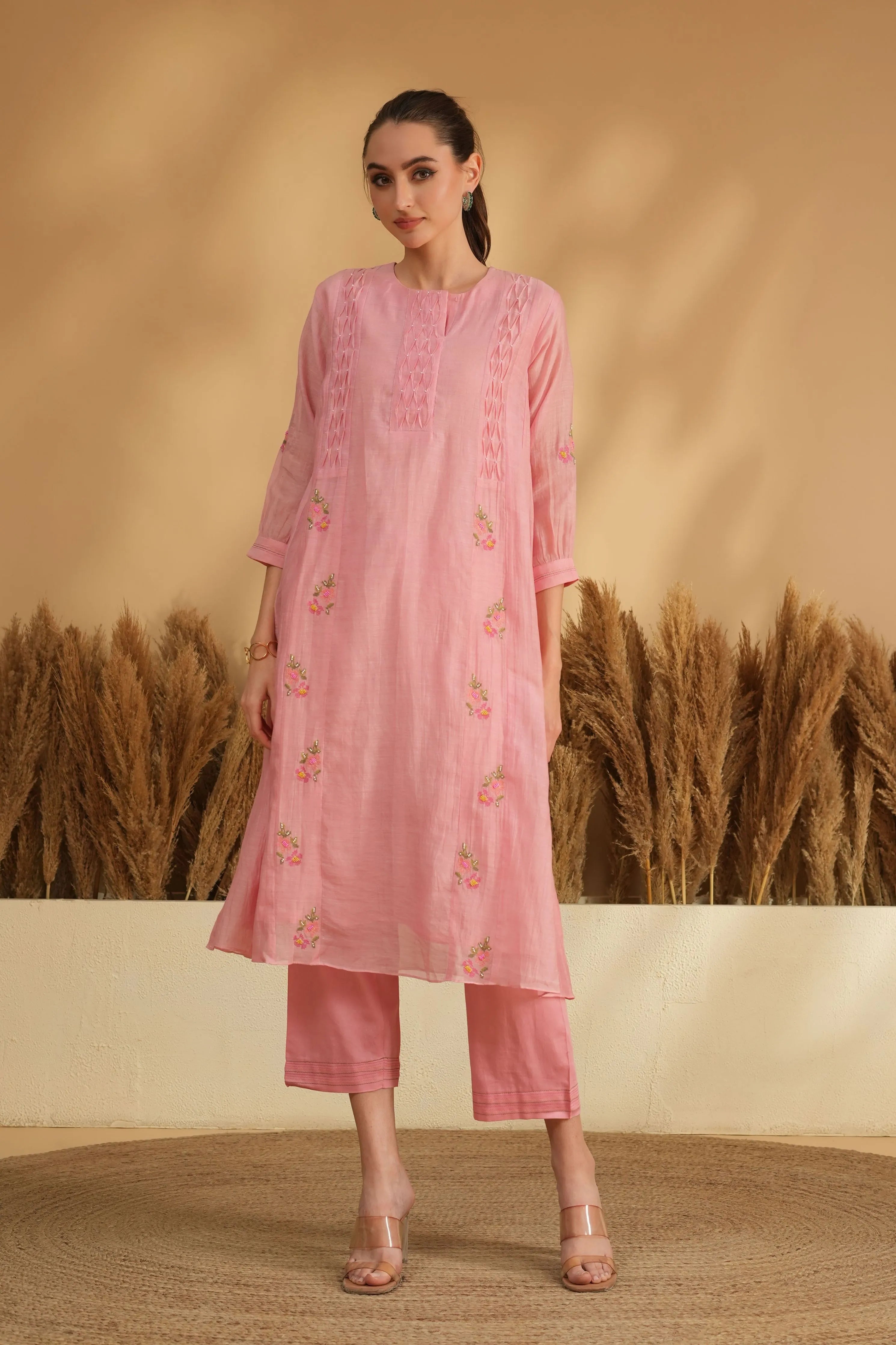 Pink Smocking Panel Cross Stitch Kurta Set
