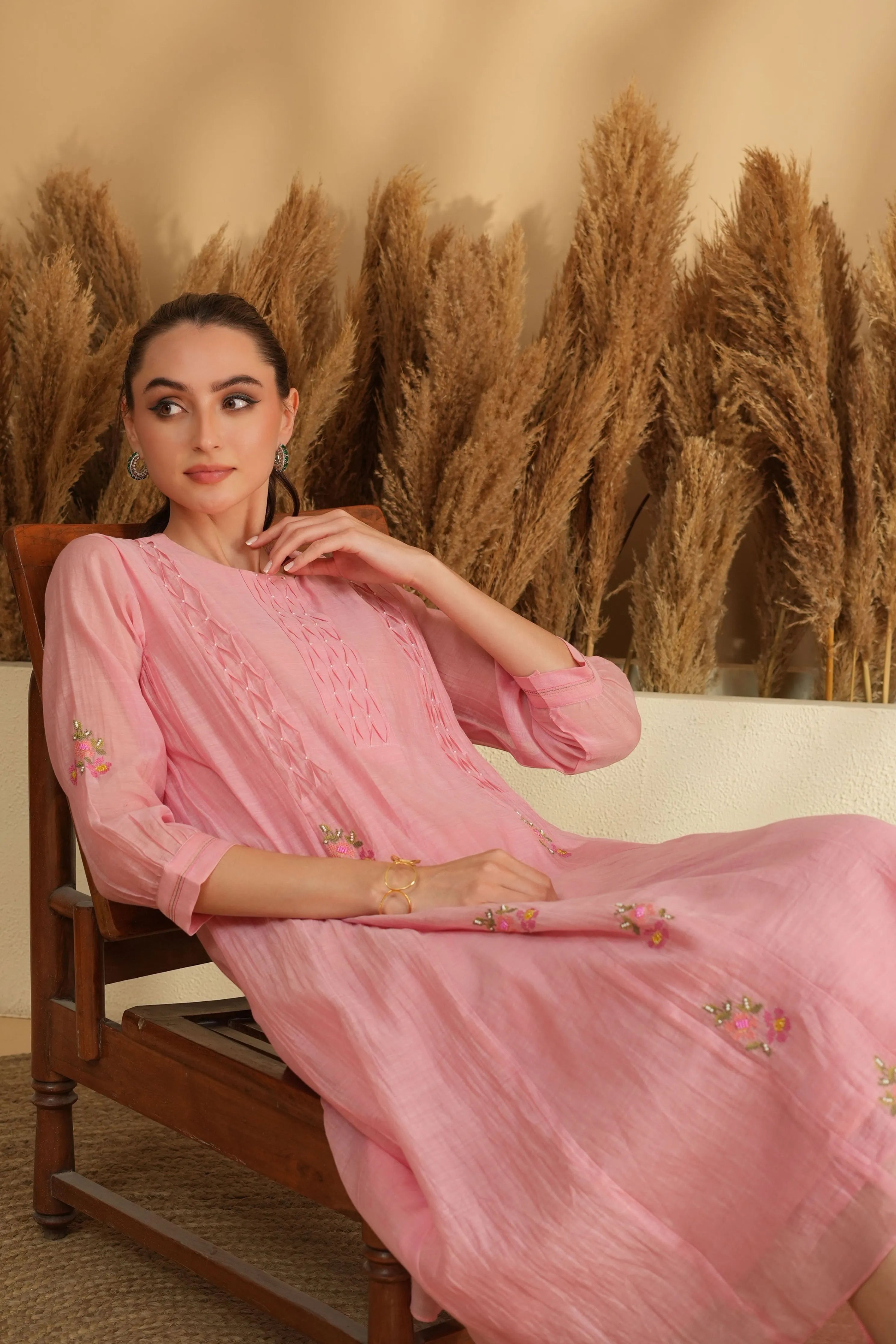Pink Smocking Panel Cross Stitch Kurta Set