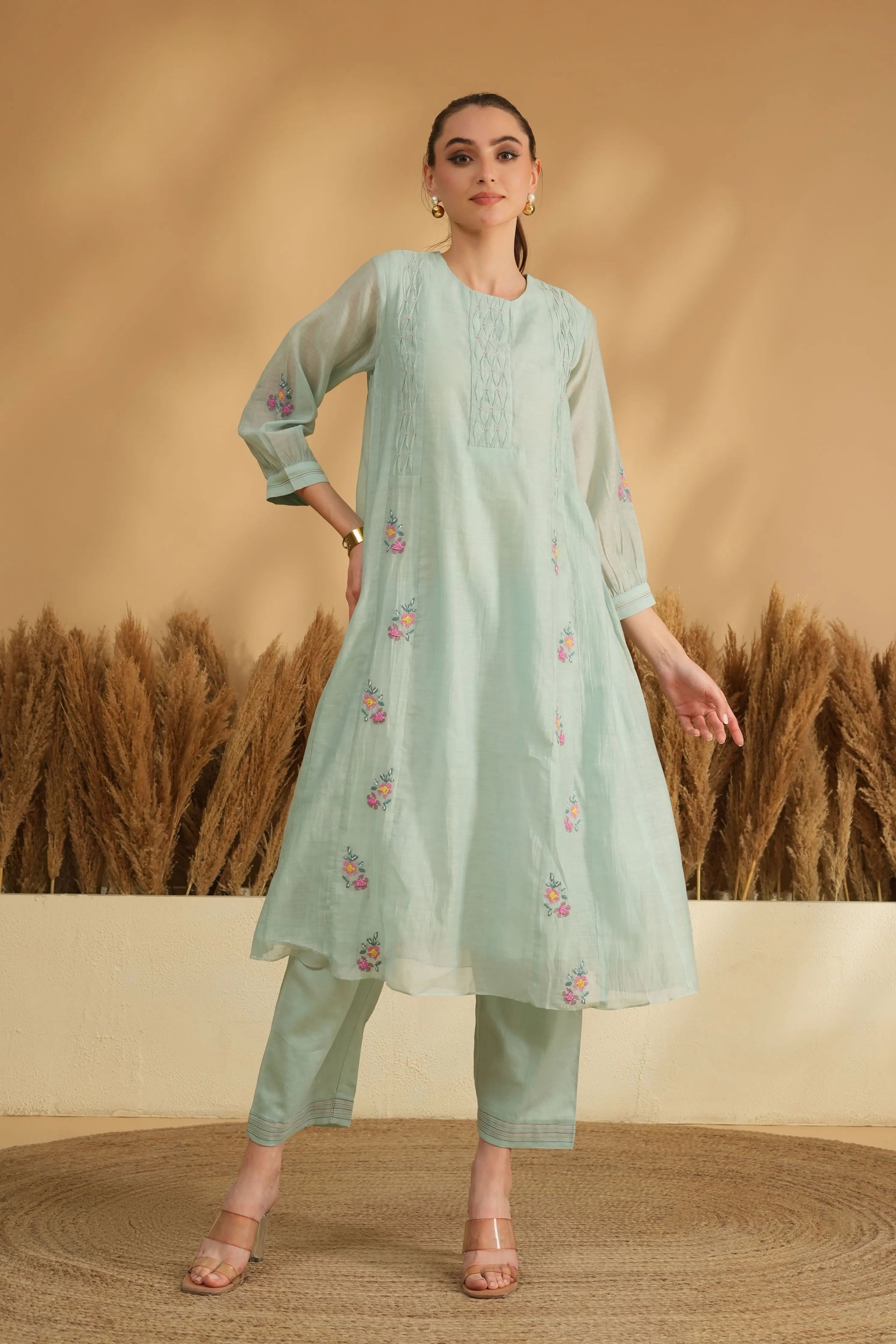 Blue Smocking Panel Cross Stitch Kurta Set