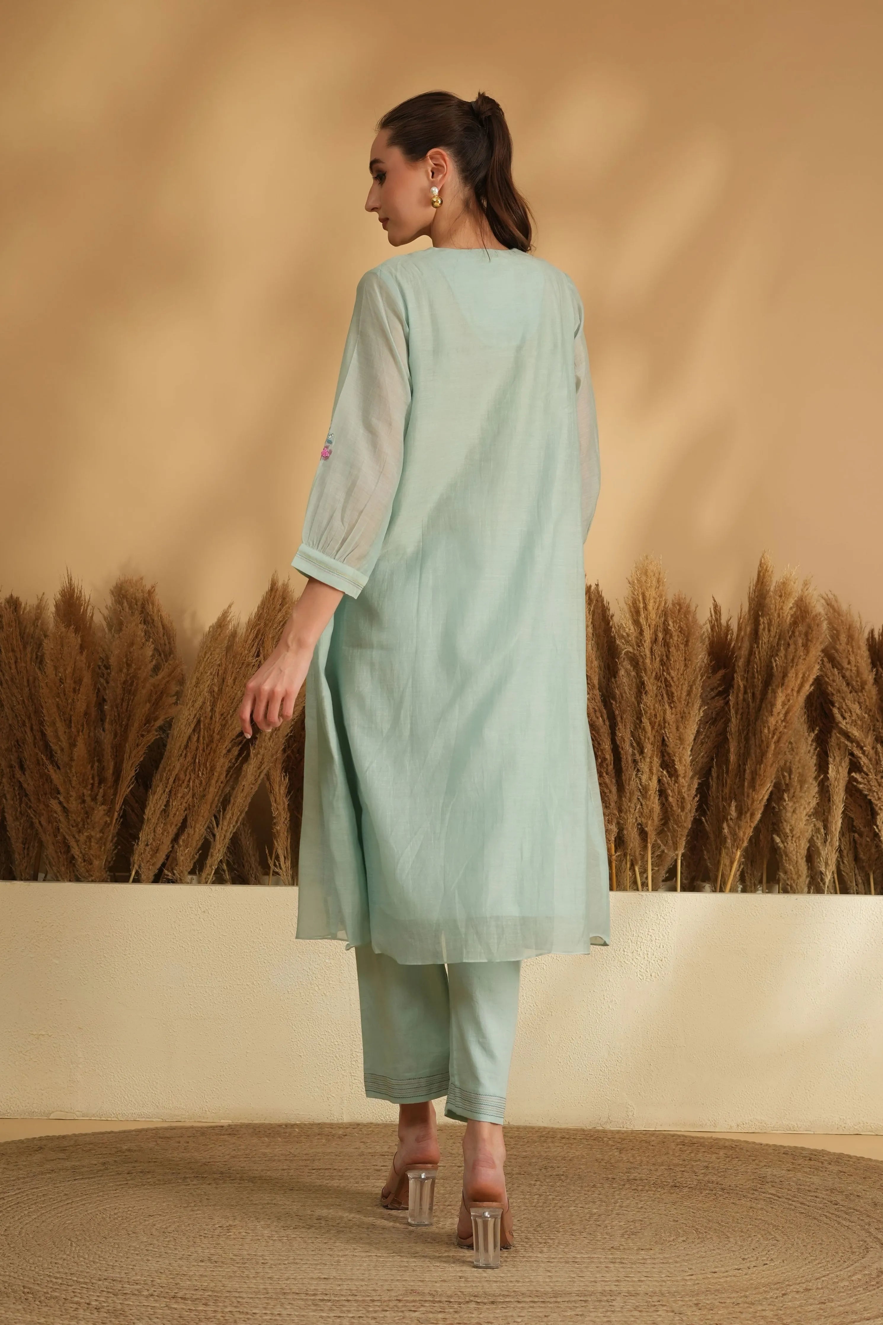 Blue Smocking Panel Cross Stitch Kurta Set