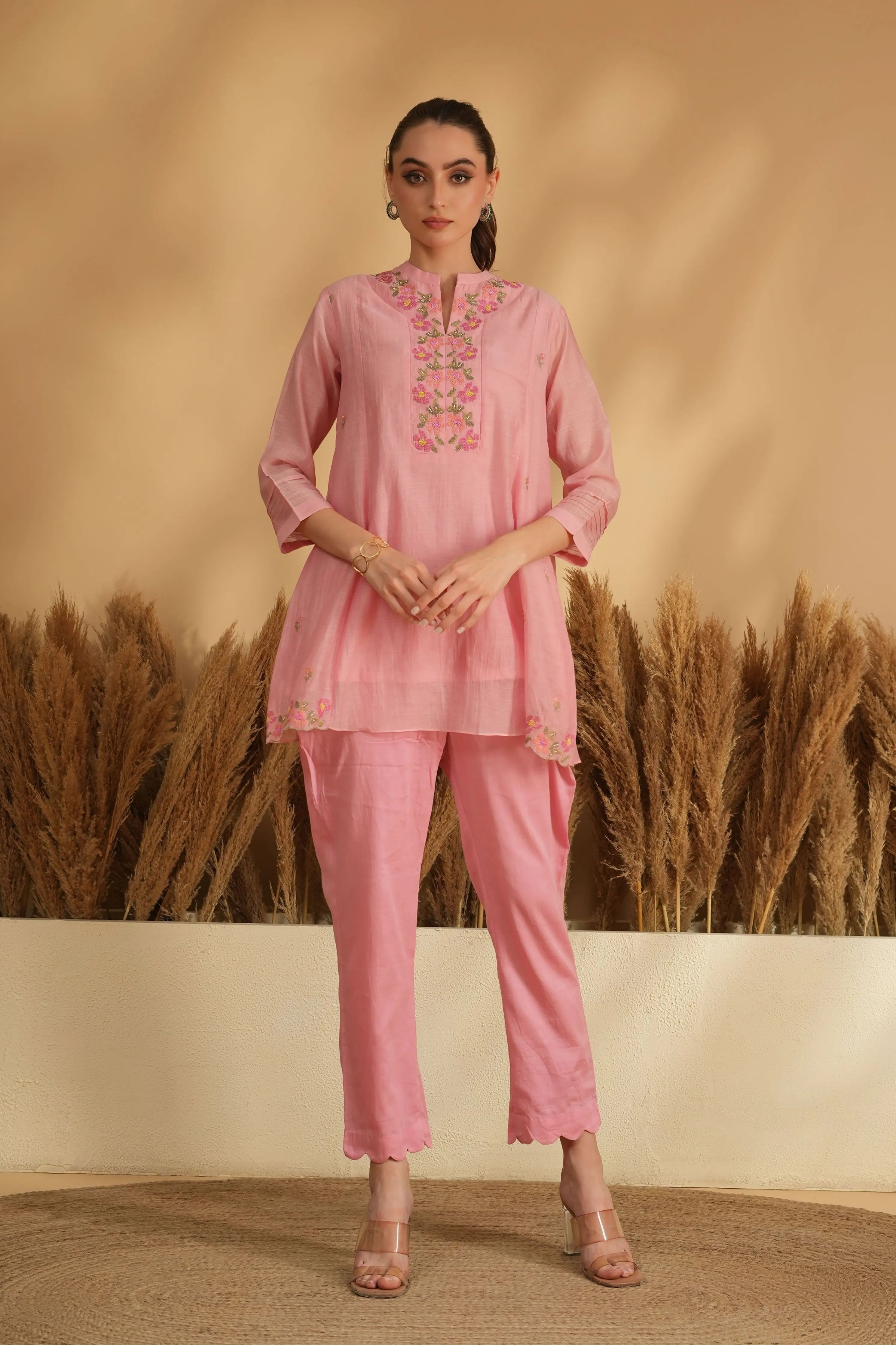 Pink Neckline Cross Stitch Embroidery Co-Ord Set