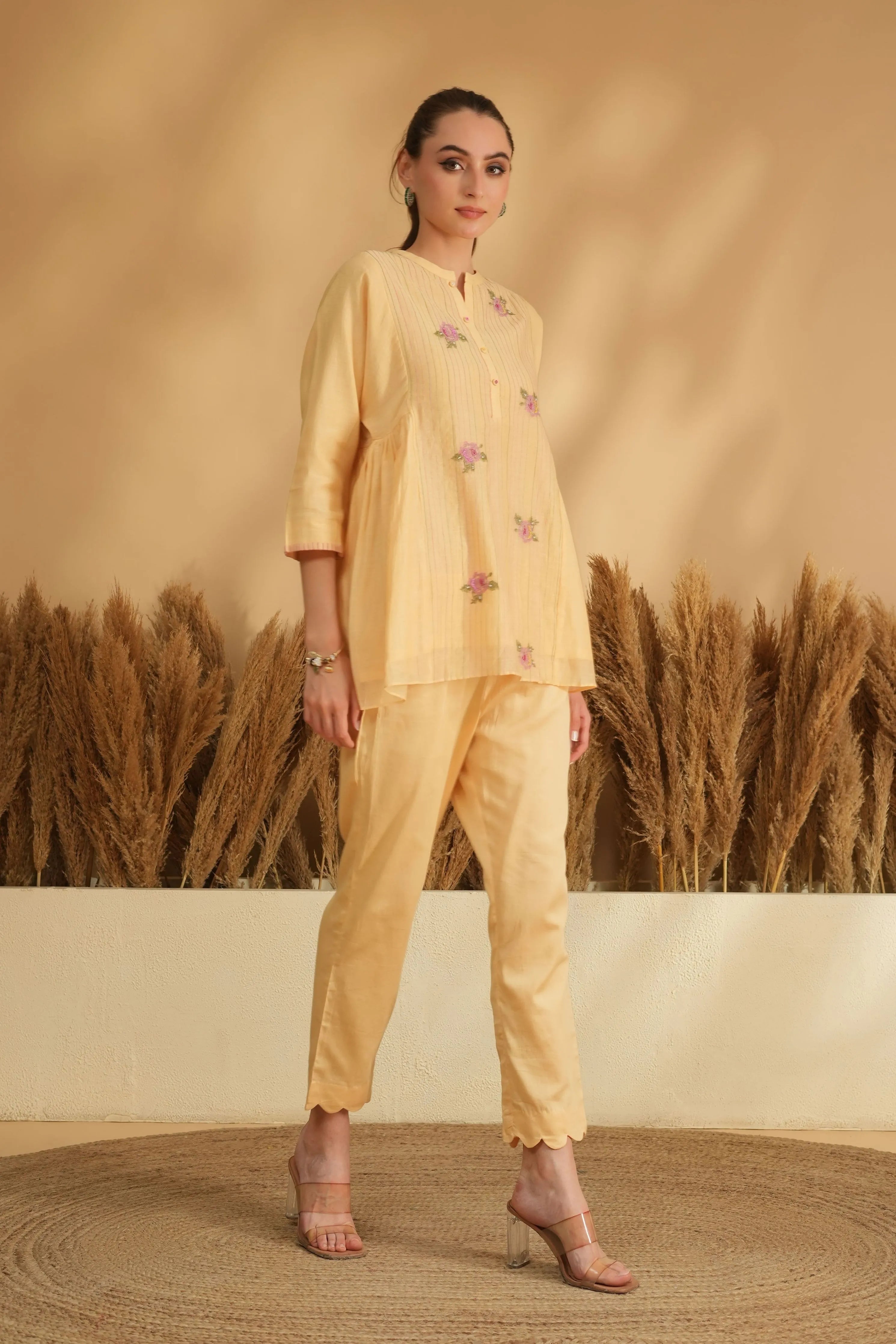 Yellow Flared Cross Stitch Embroidery Co-Ord Set