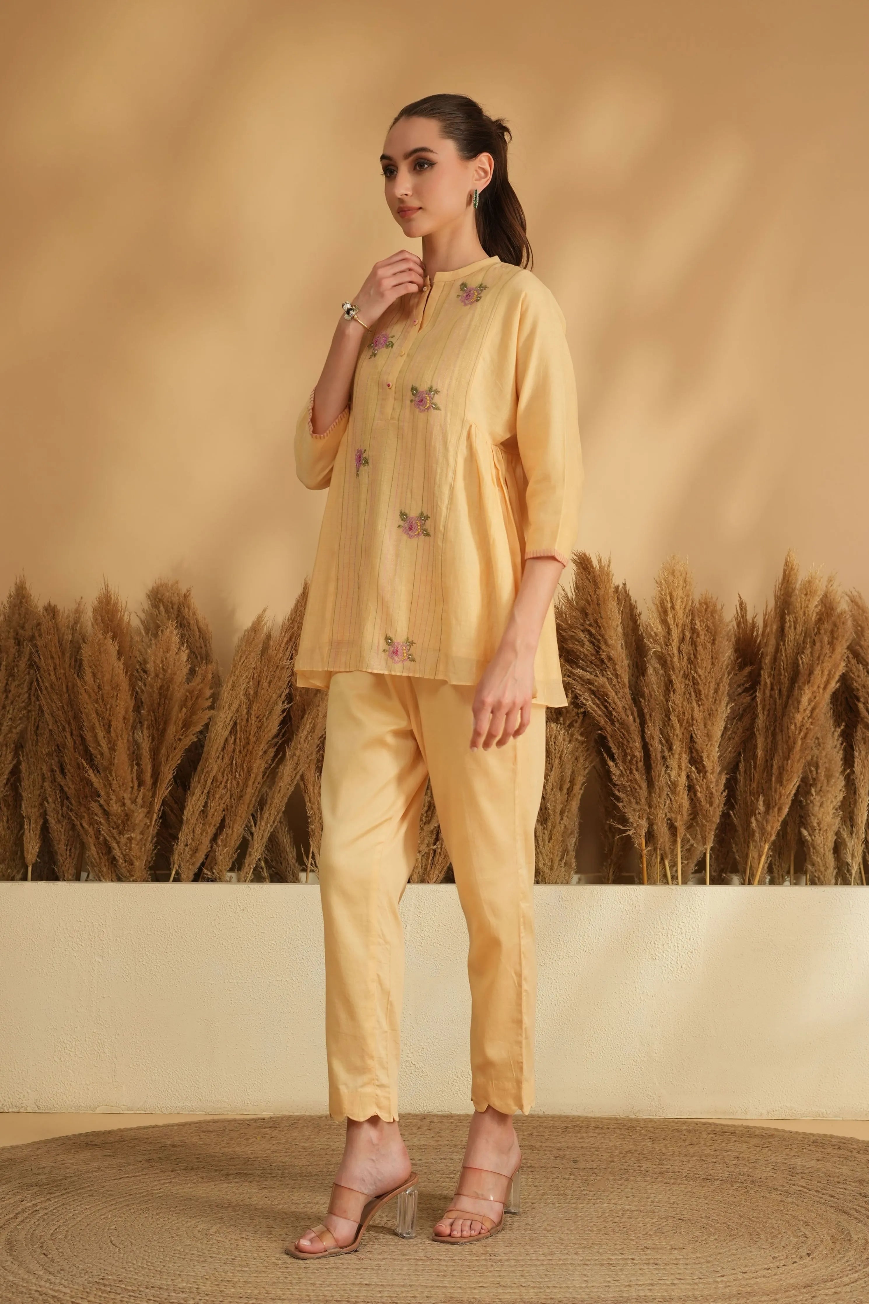 Yellow Flared Cross Stitch Embroidery Co-Ord Set