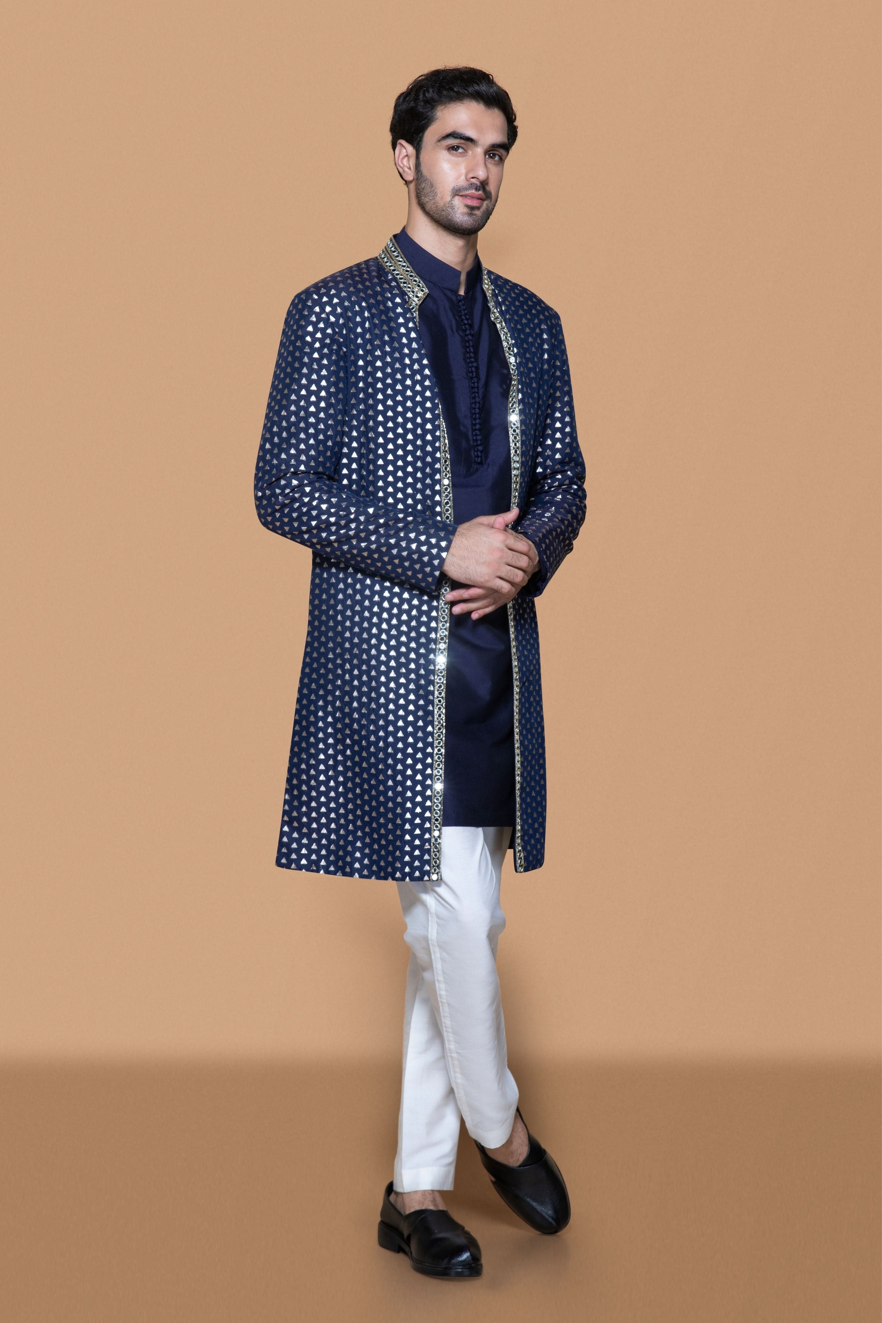 Blue Brocade Embroidered Open Jacket Set