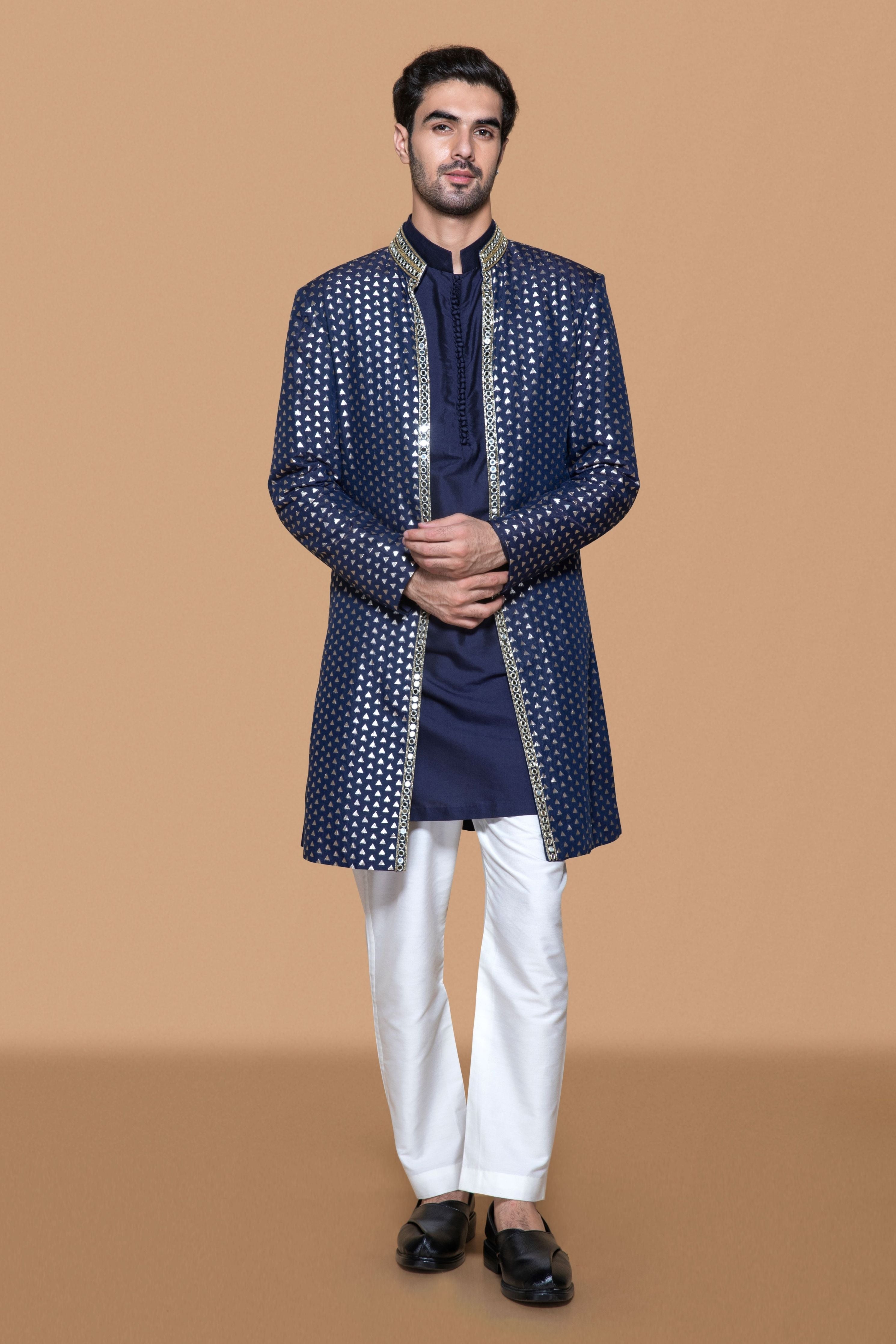 Blue Brocade Embroidered Open Jacket Set