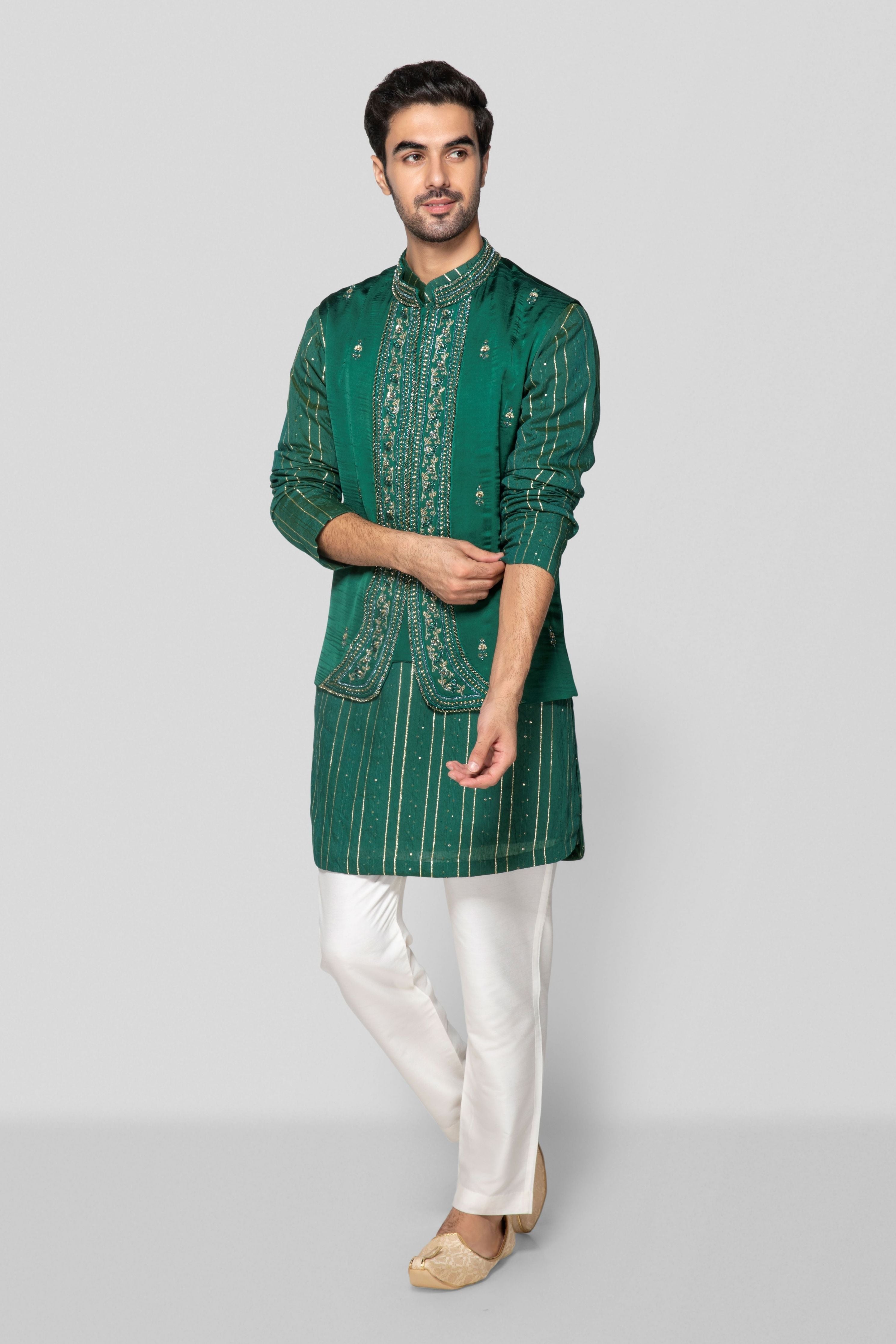 Embroidered Green Bundi Set