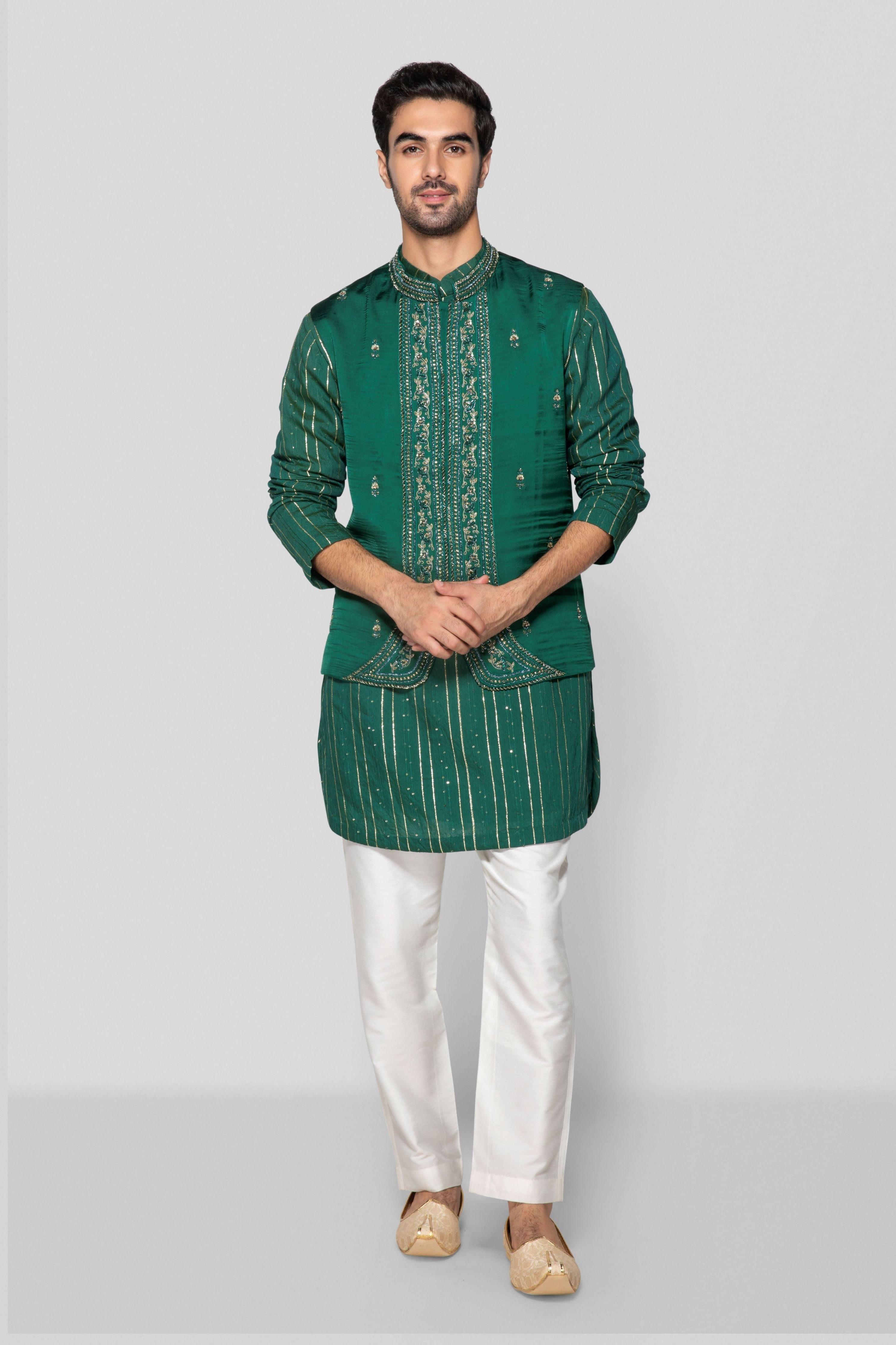 Embroidered Green Bundi Set