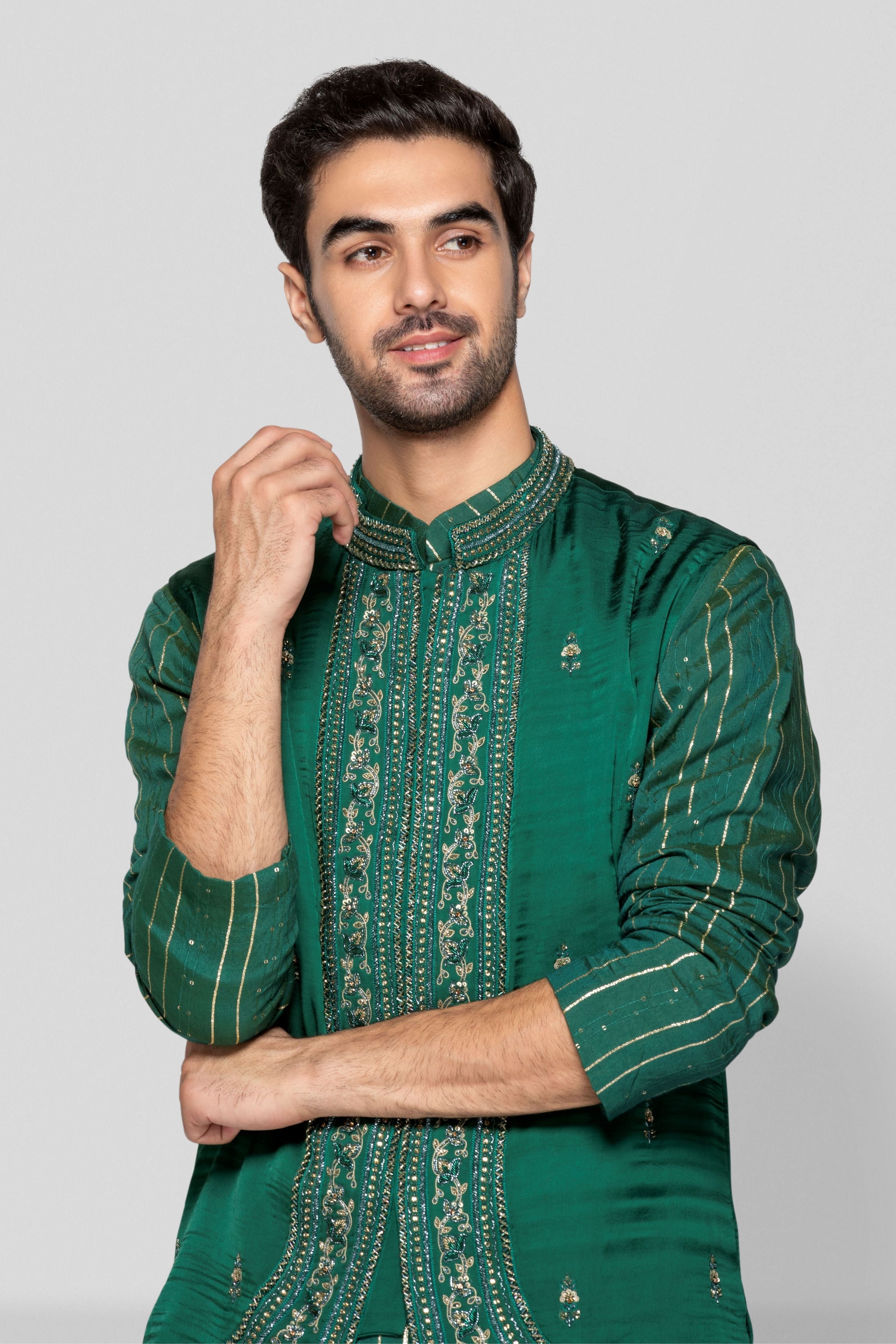 Embroidered Green Bundi Set