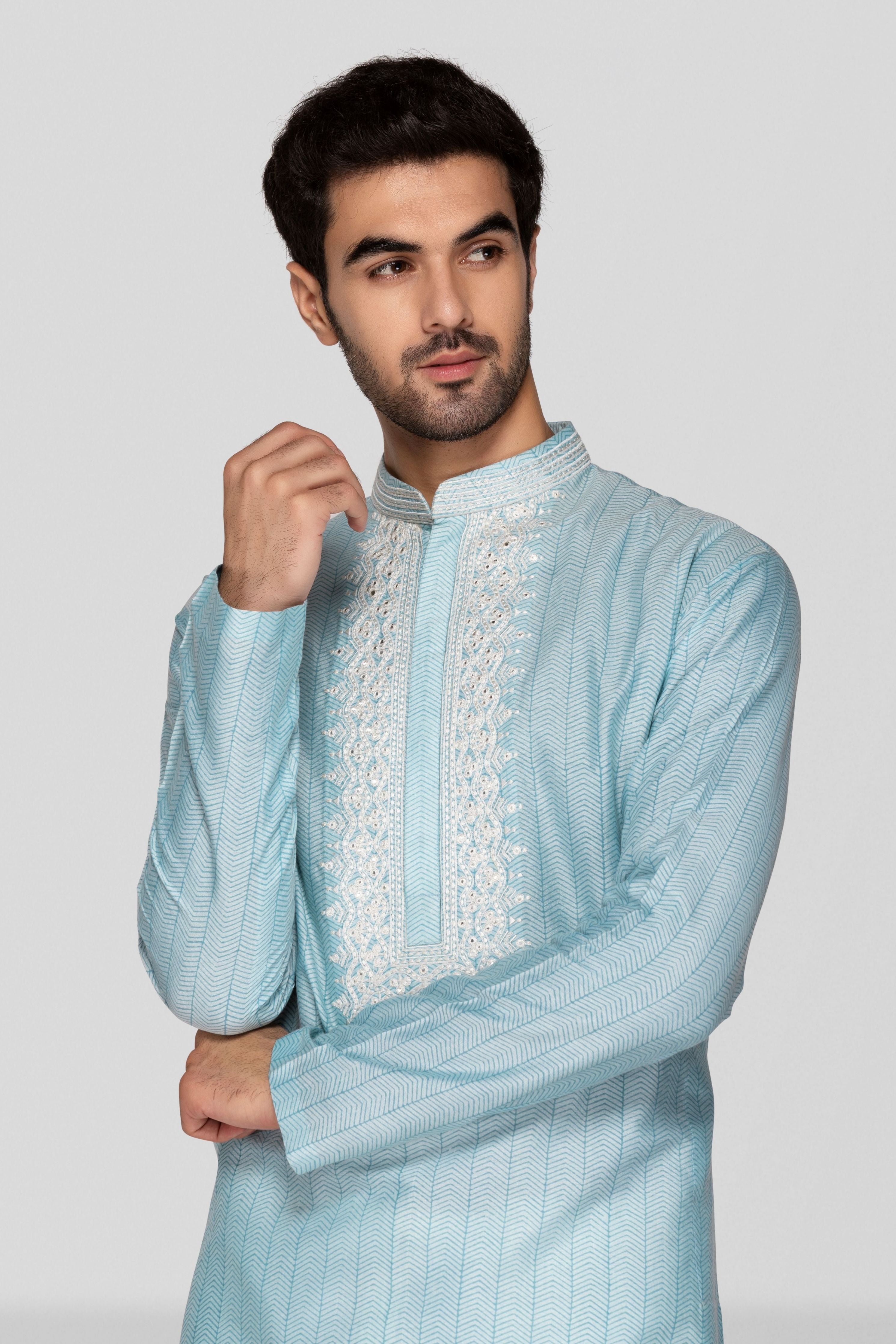 Sky Blue Hand Block Printed Short Kurta Set