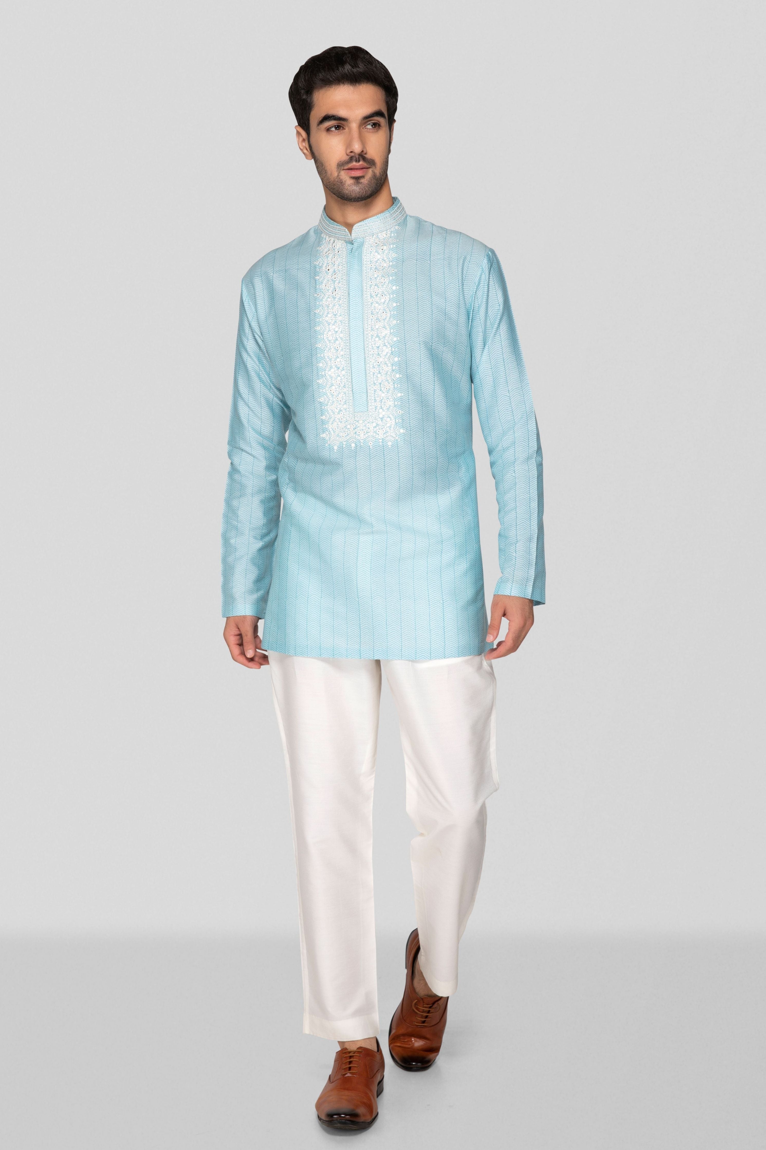 Sky Blue Hand Block Printed Short Kurta Set