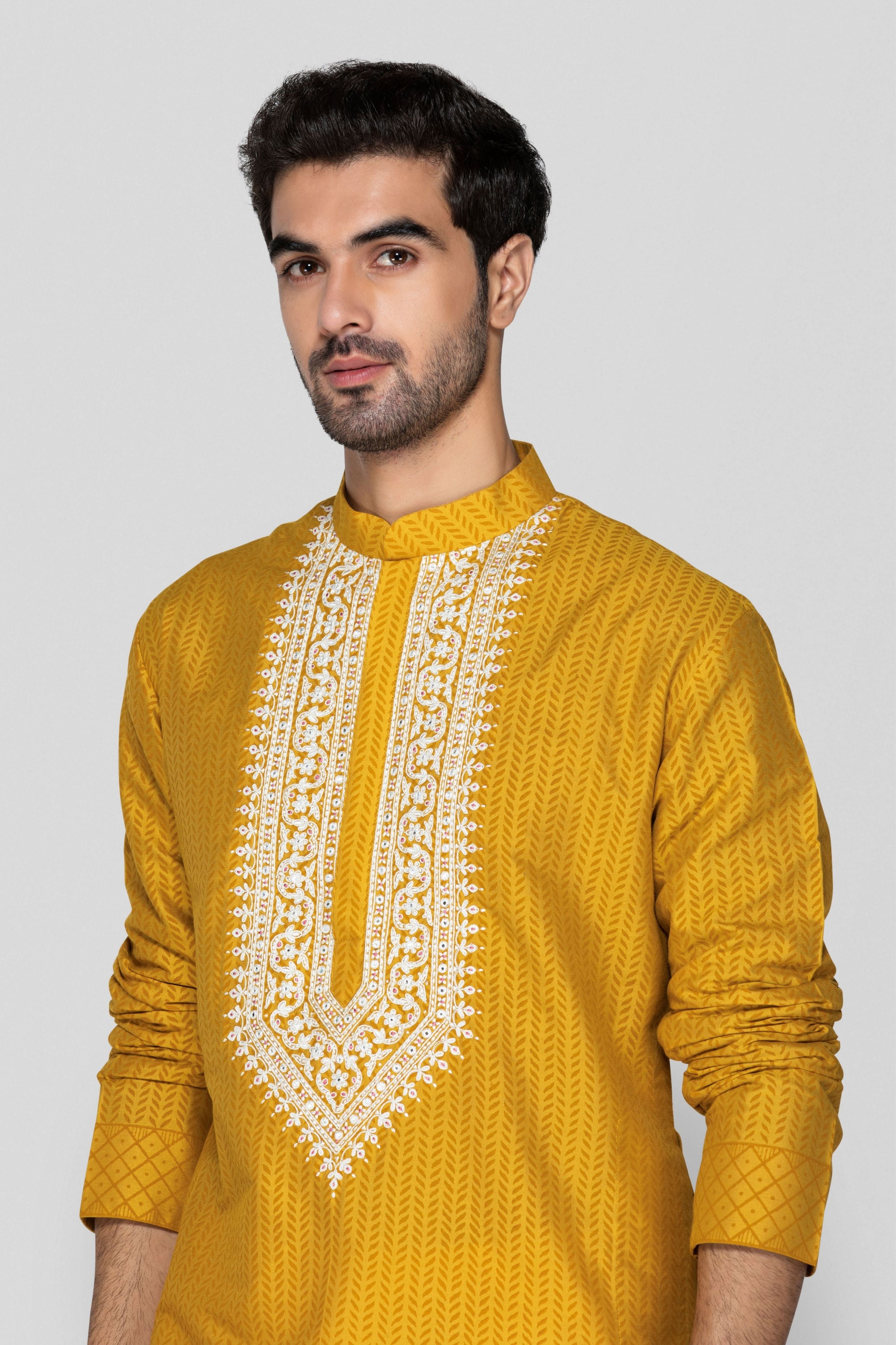 Mustard Yellow Embroidered Yoke Kurta Set