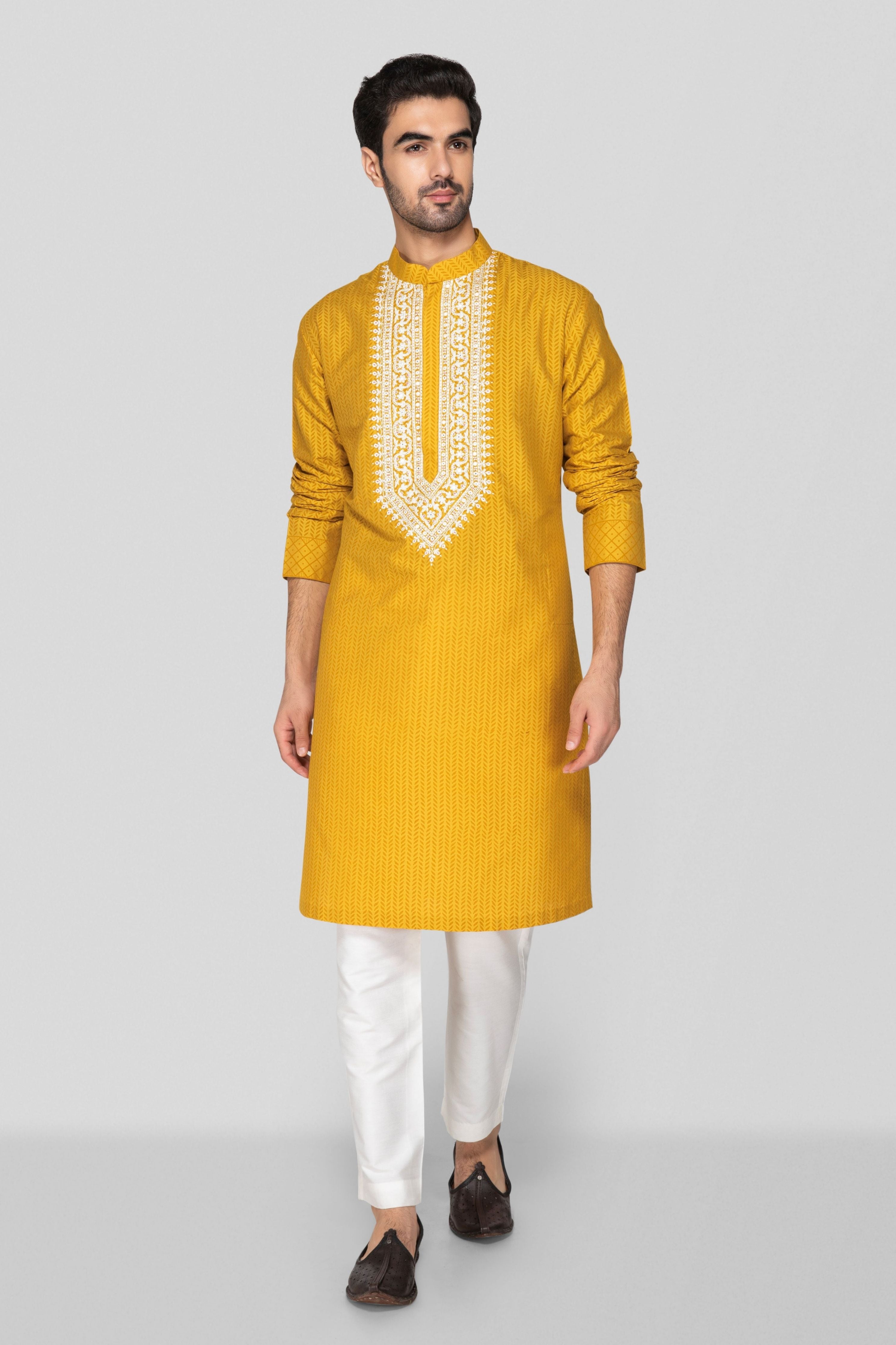 Mustard Yellow Embroidered Yoke Kurta Set
