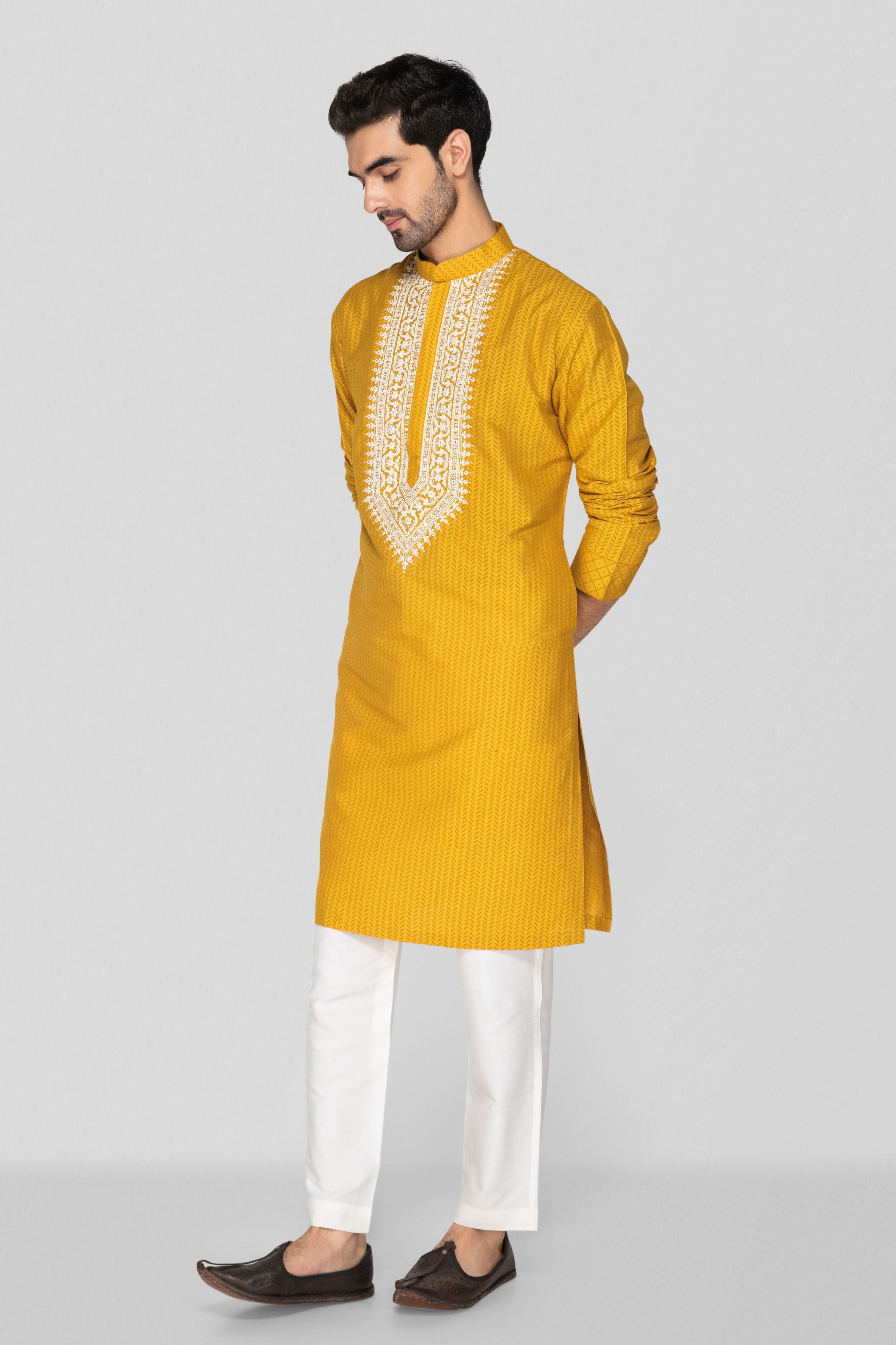 Mustard Yellow Embroidered Yoke Kurta Set