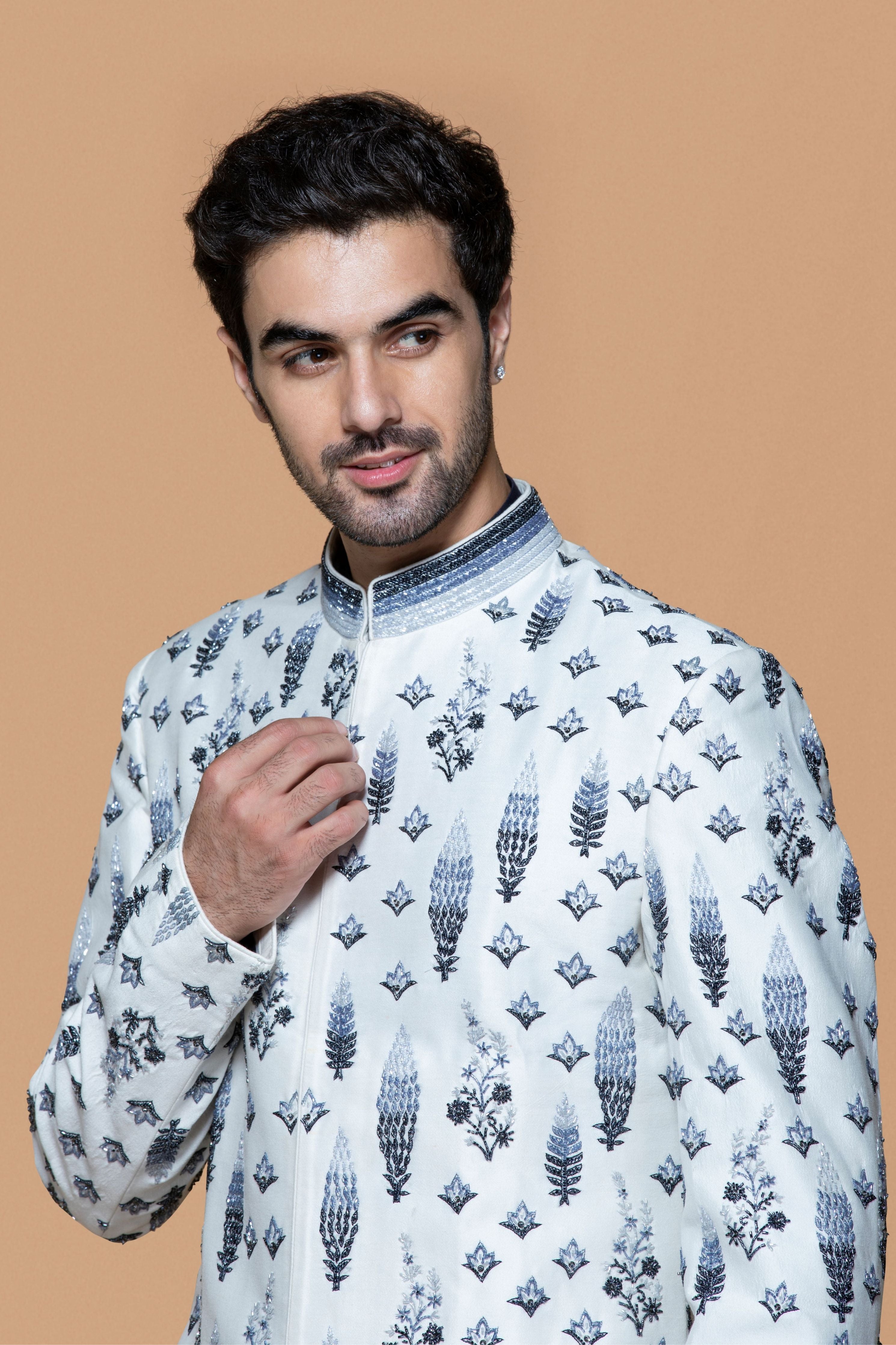 Embroidered Gradation Ivory-Blue Sherwani Set