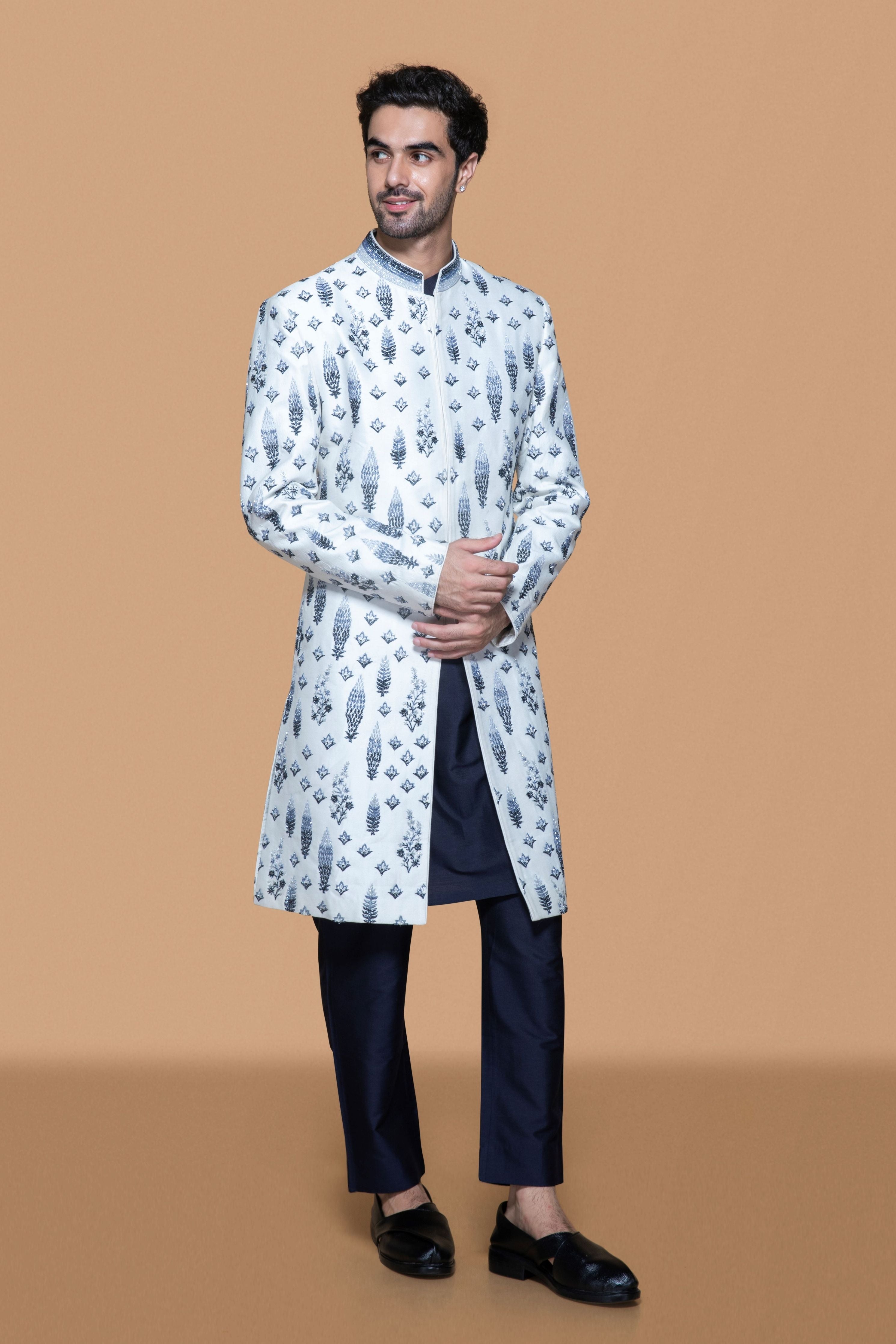 Embroidered Gradation Ivory-Blue Sherwani Set