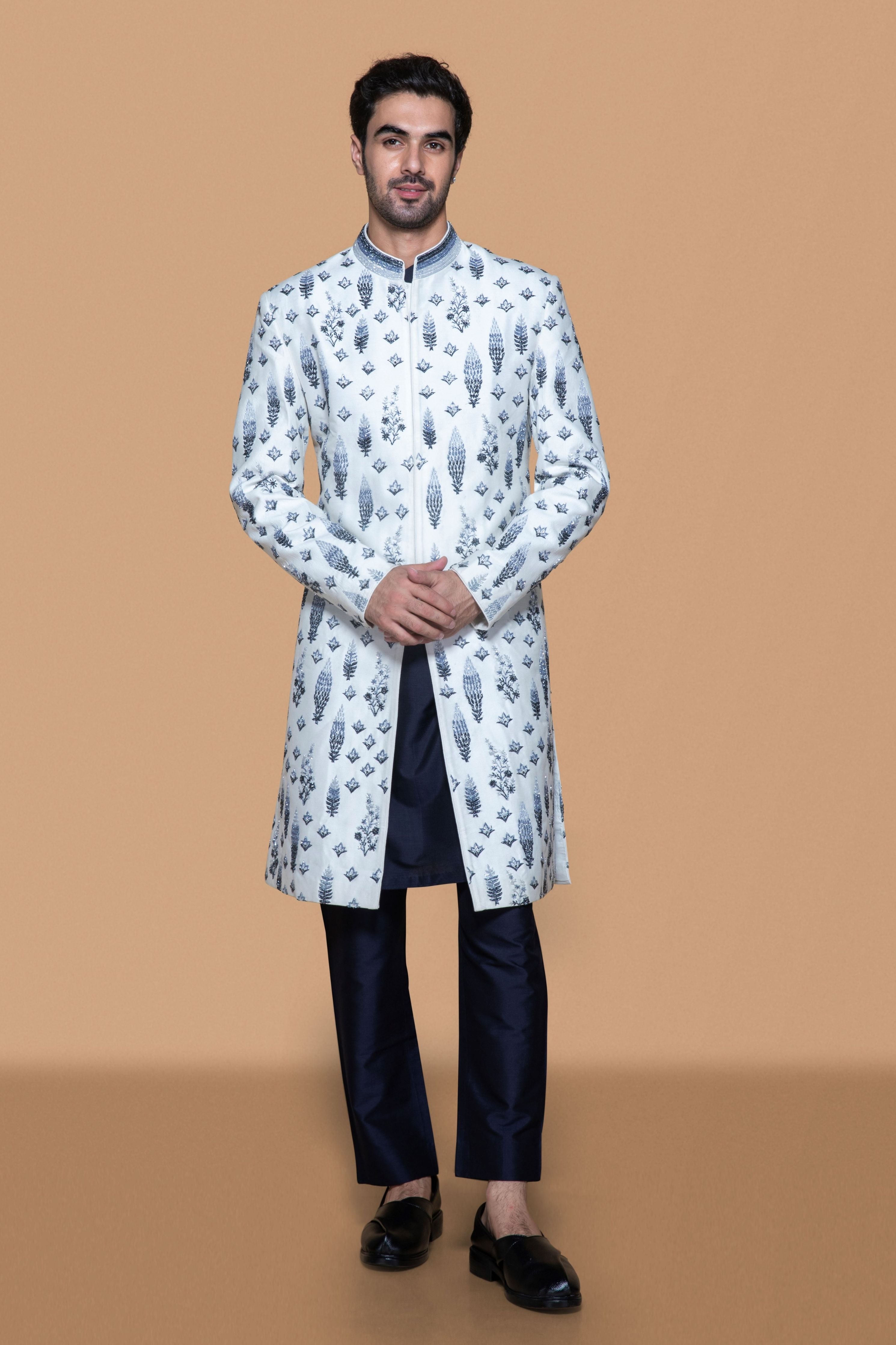 Embroidered Gradation Ivory-Blue Sherwani Set