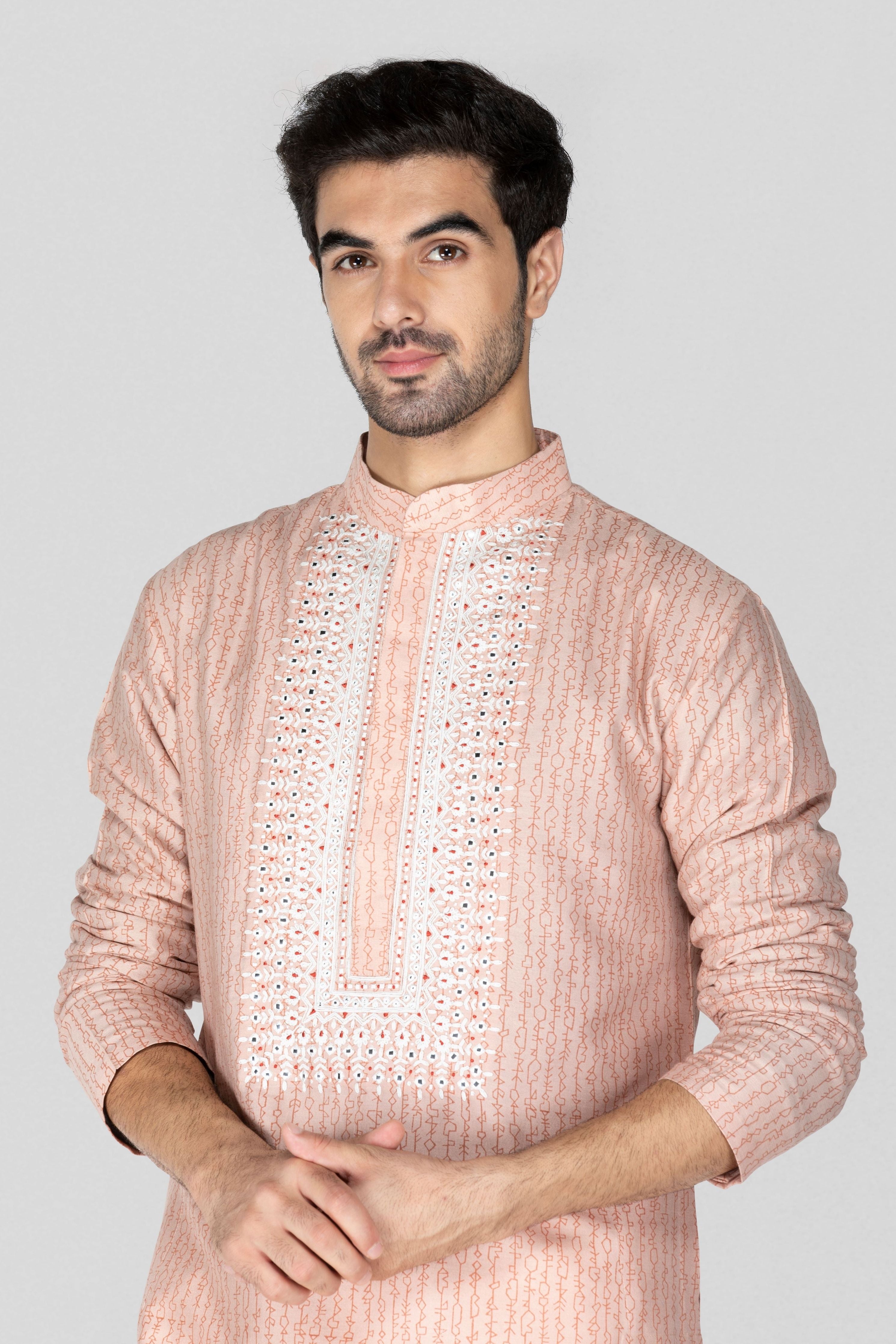 Peach Hand Block Printed Short Kurta Set