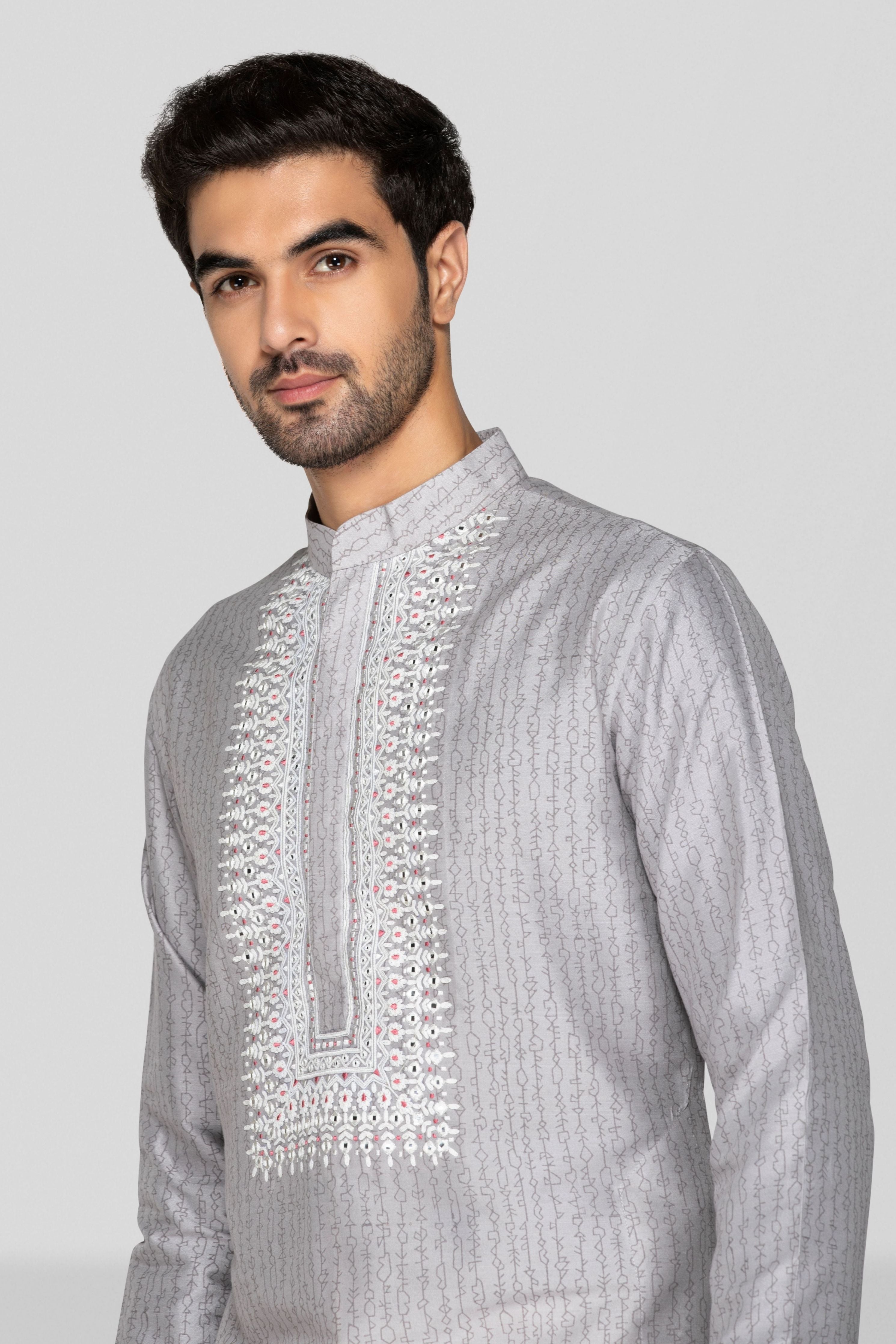Grey Hand Block Printed Short Kurta Set