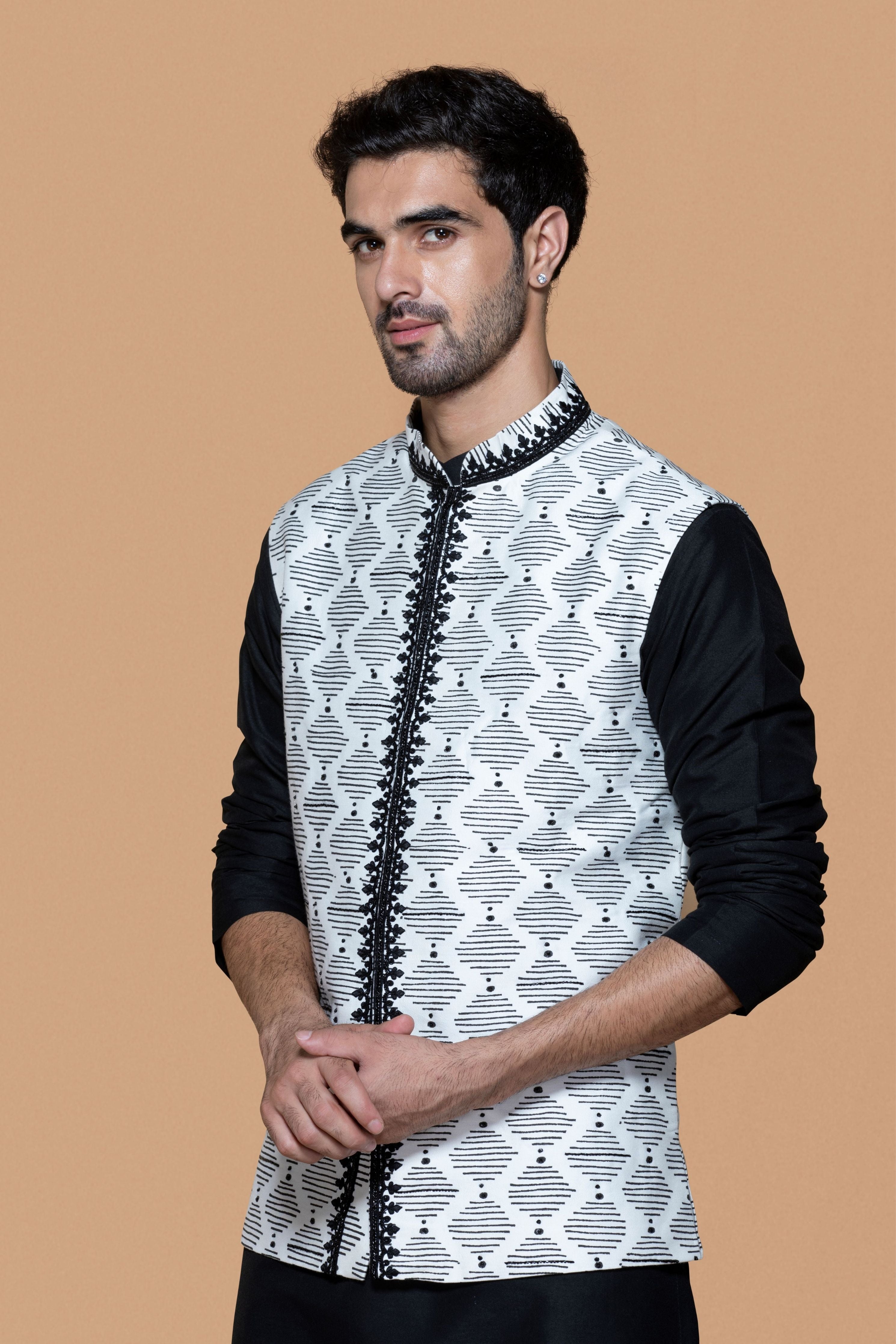 Ivory & Black Hand Block Printed Bundi Kurta Set