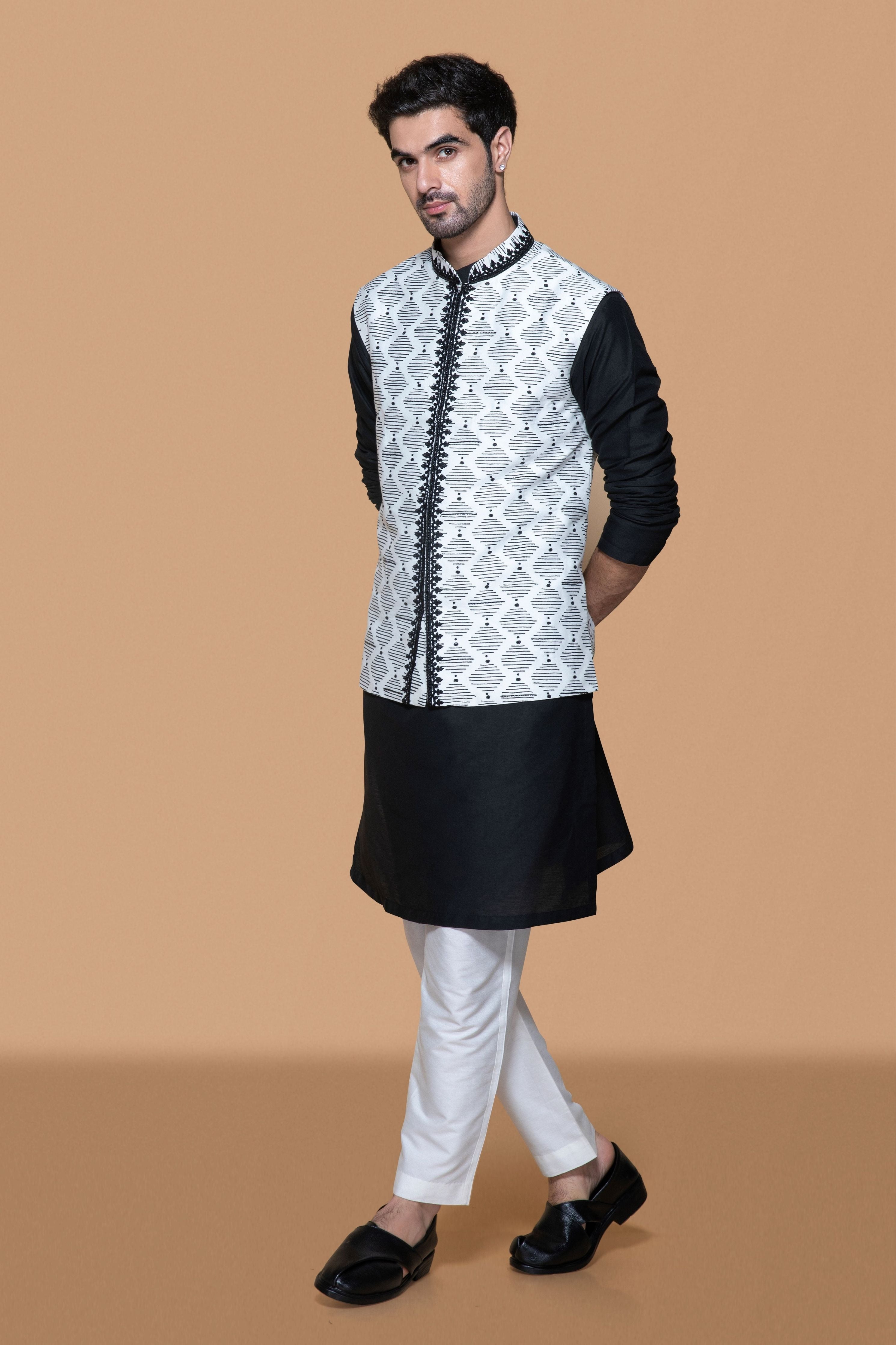 Ivory & Black Hand Block Printed Bundi Kurta Set