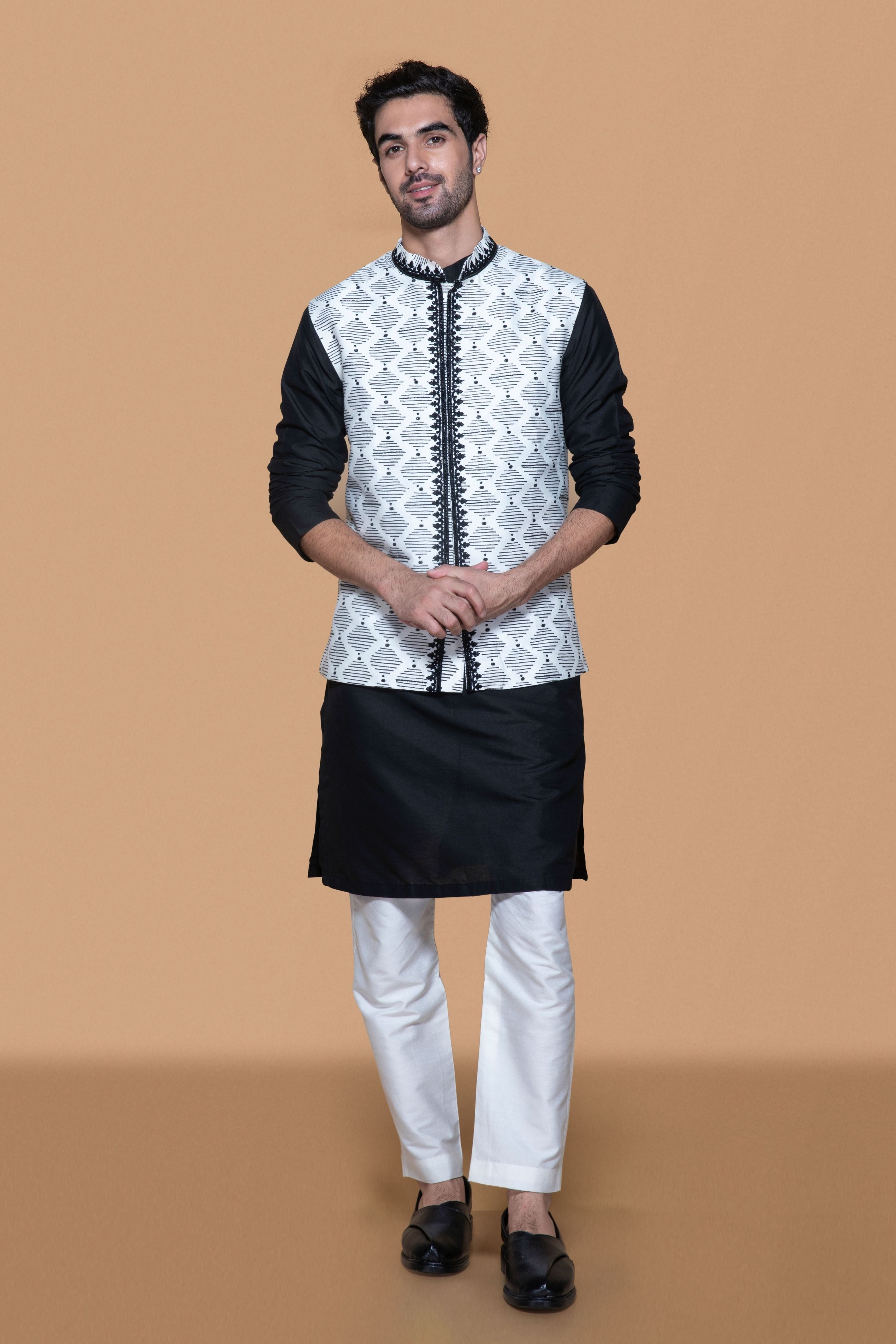Ivory & Black Hand Block Printed Bundi Kurta Set