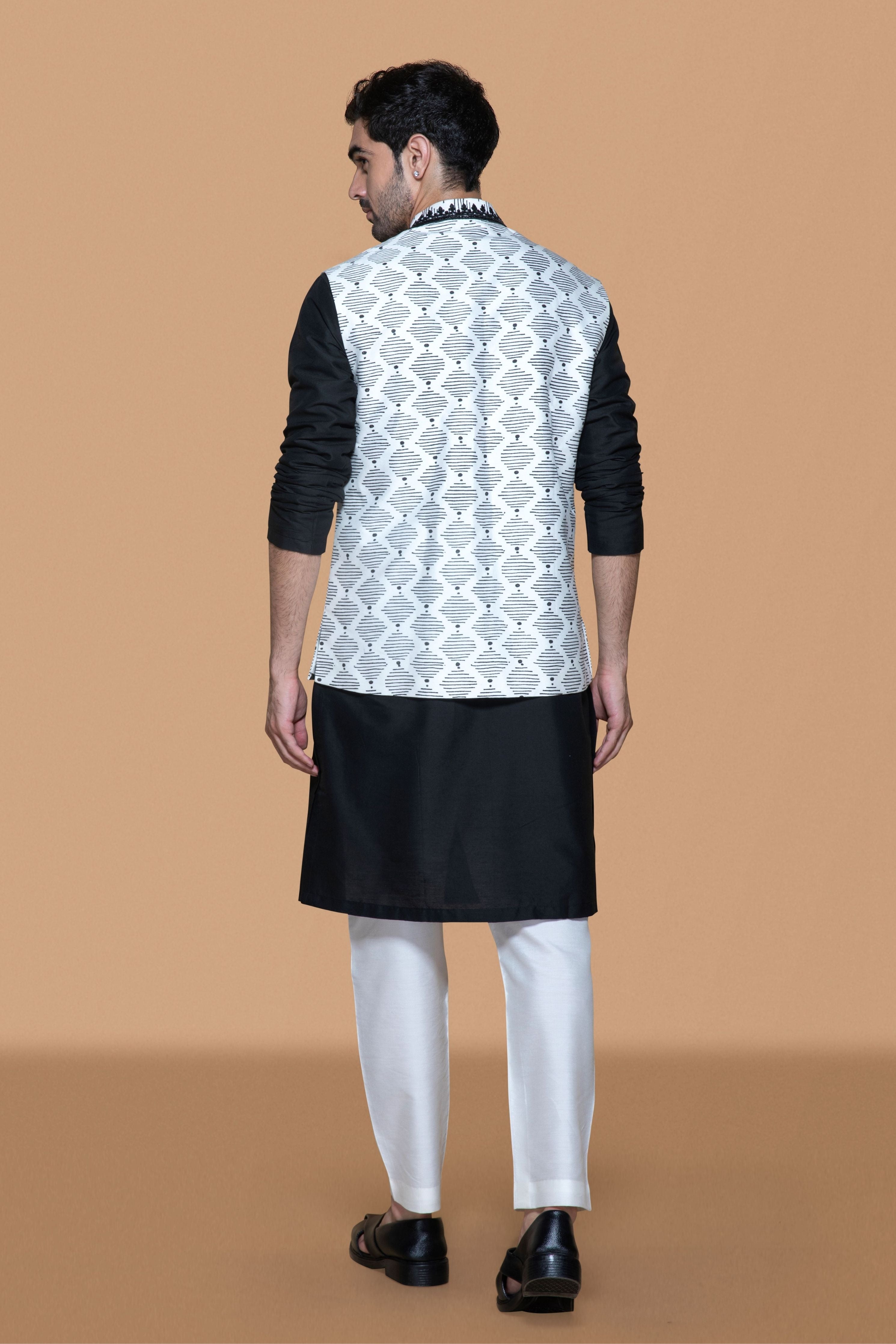 Ivory & Black Hand Block Printed Bundi Kurta Set