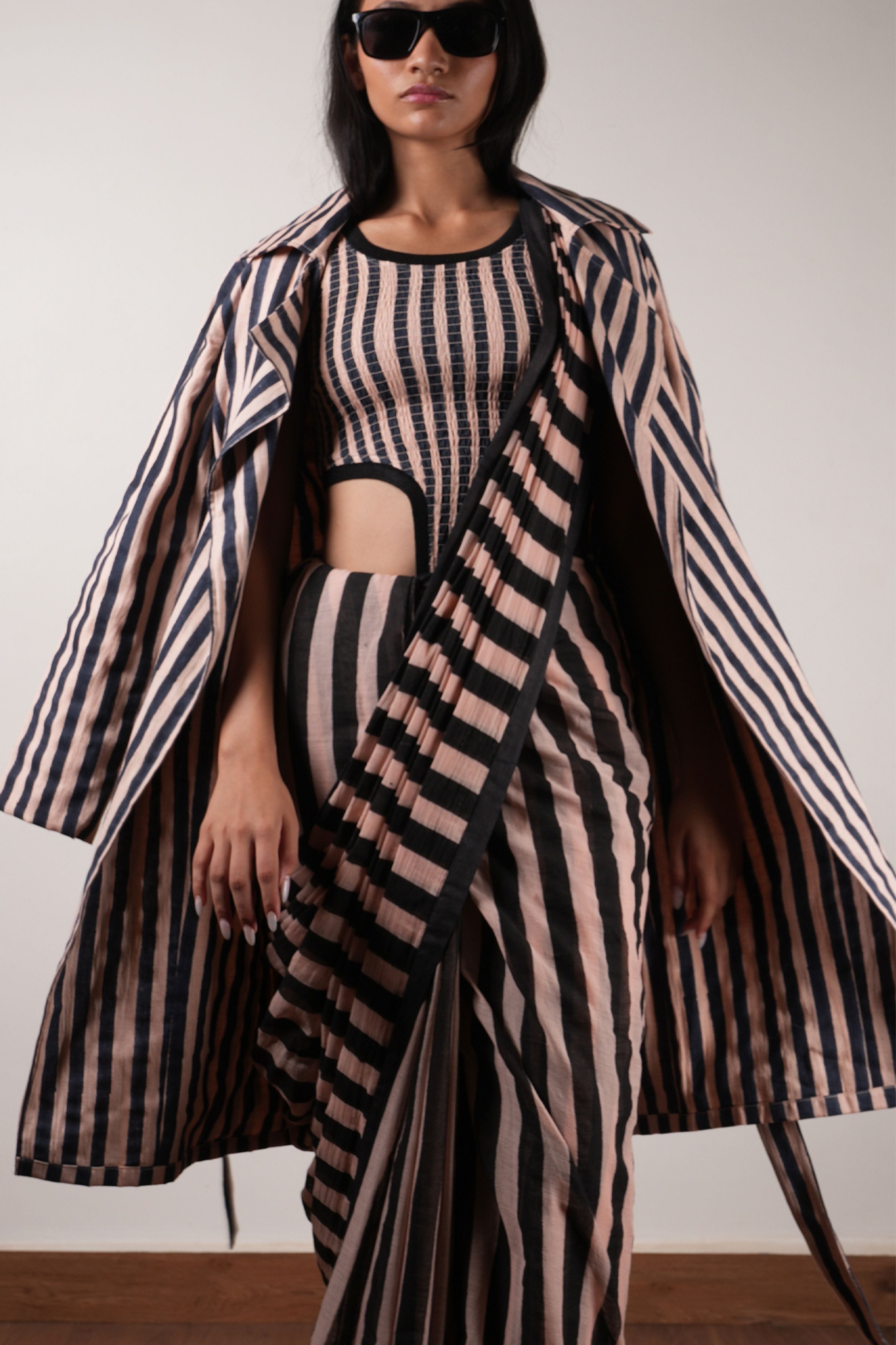 Pink with Charcoal Block Printed Smocked Bodysuit, Saree & Trench Jacket Set