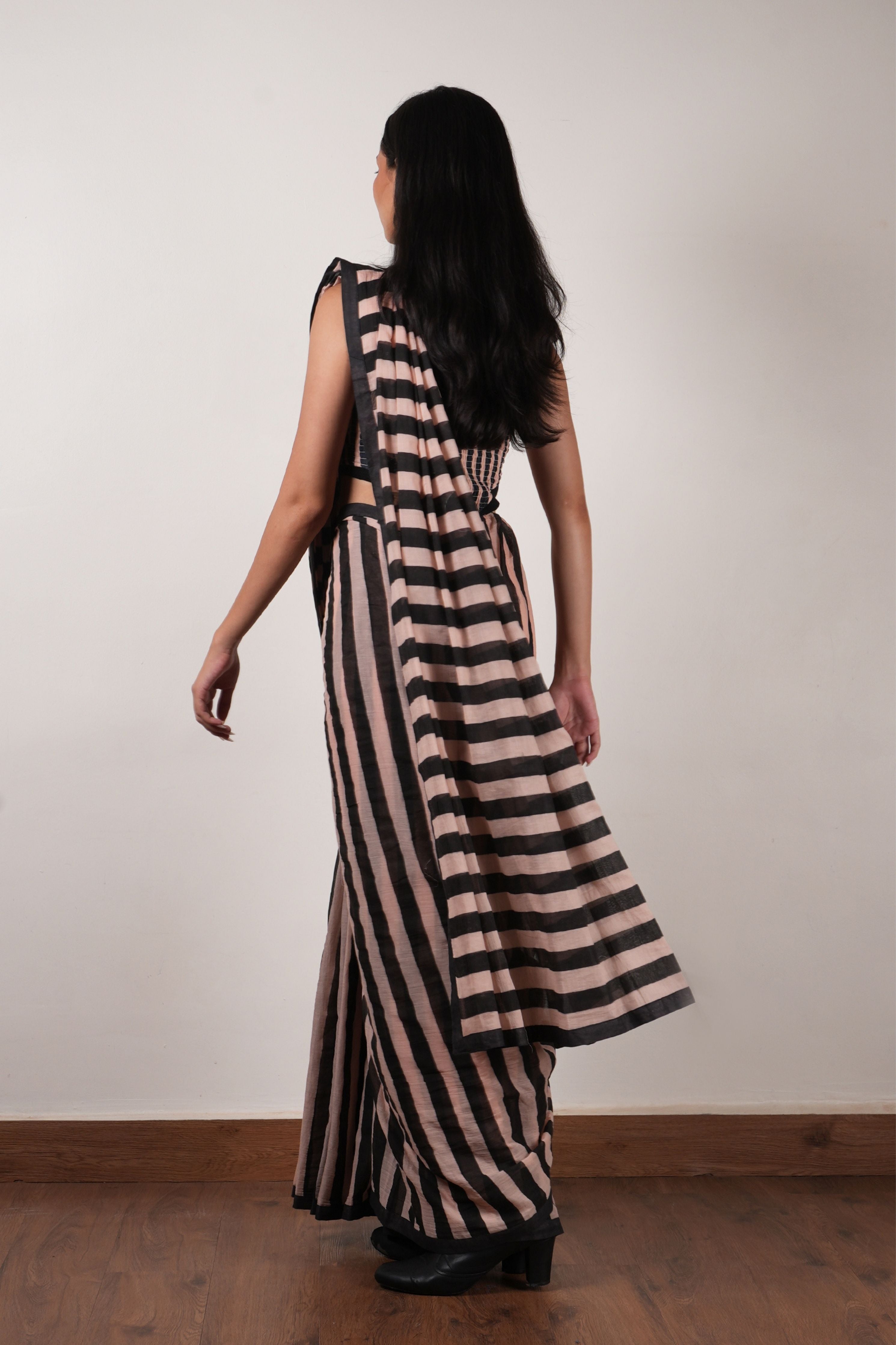 Pink with Charcoal Block Printed Smocked Bodysuit & Saree Set