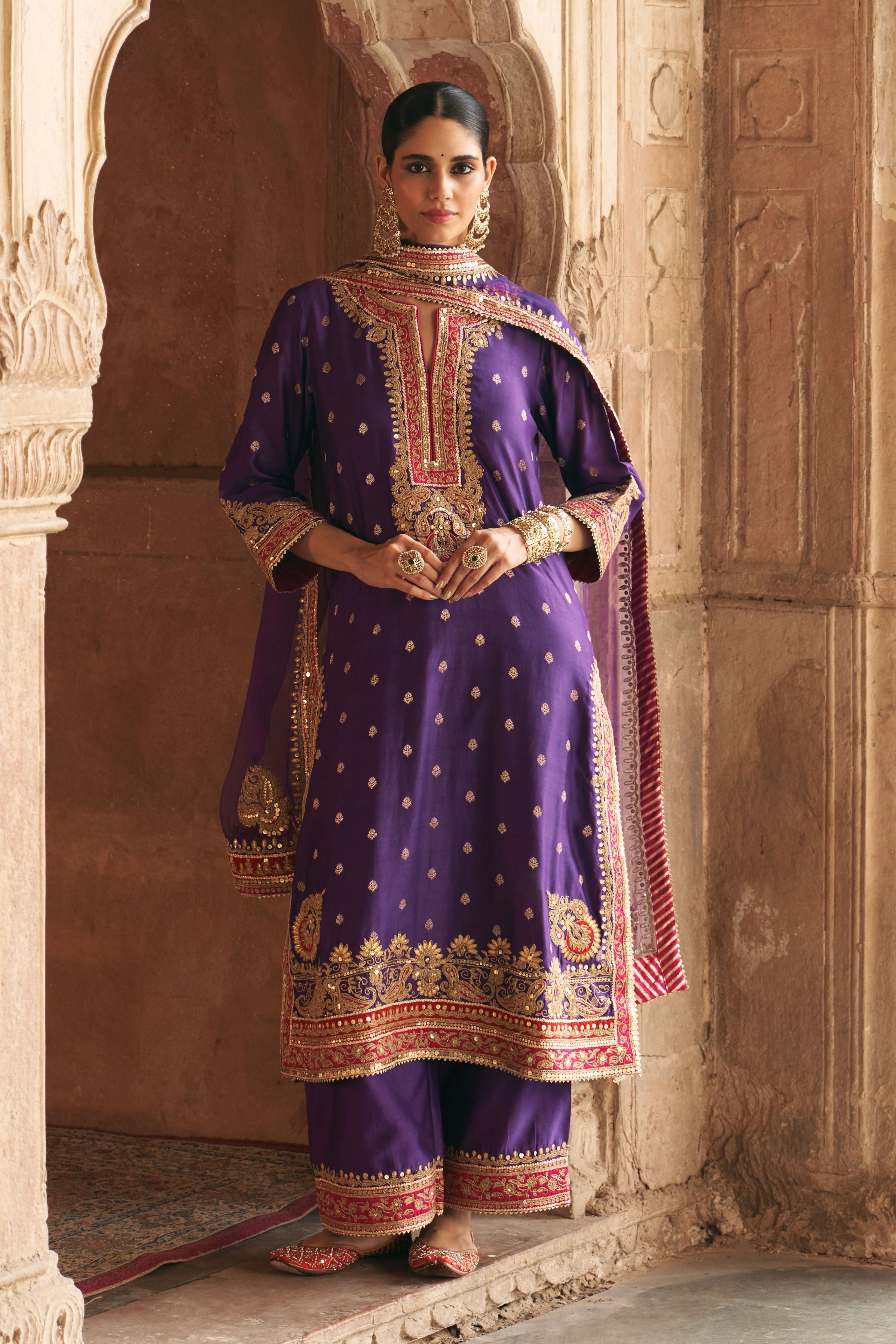 Sobia  Deep Purple Long Kurta With Palazzo And Dupatta