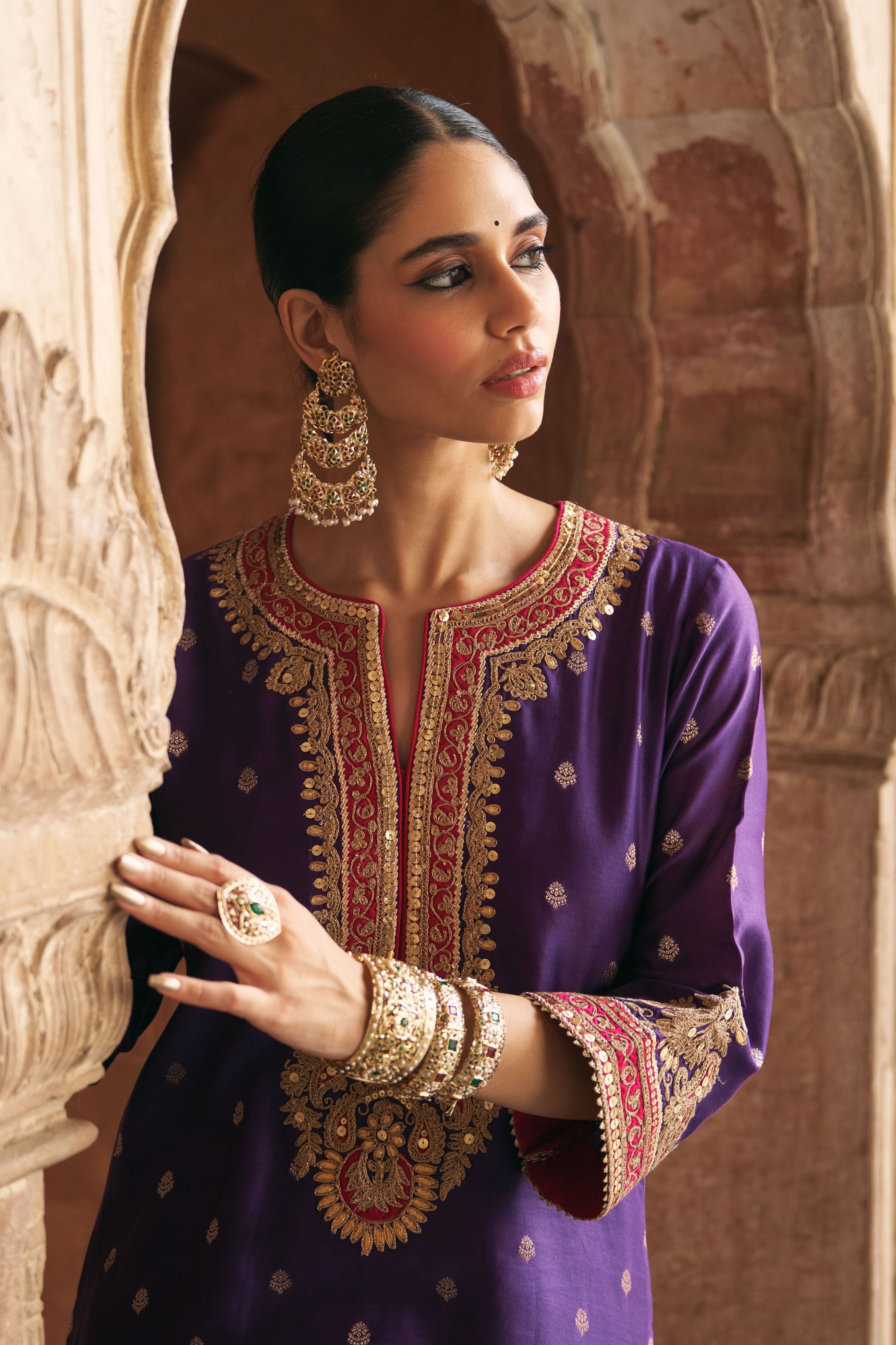 Sobia  Deep Purple Long Kurta With Palazzo And Dupatta