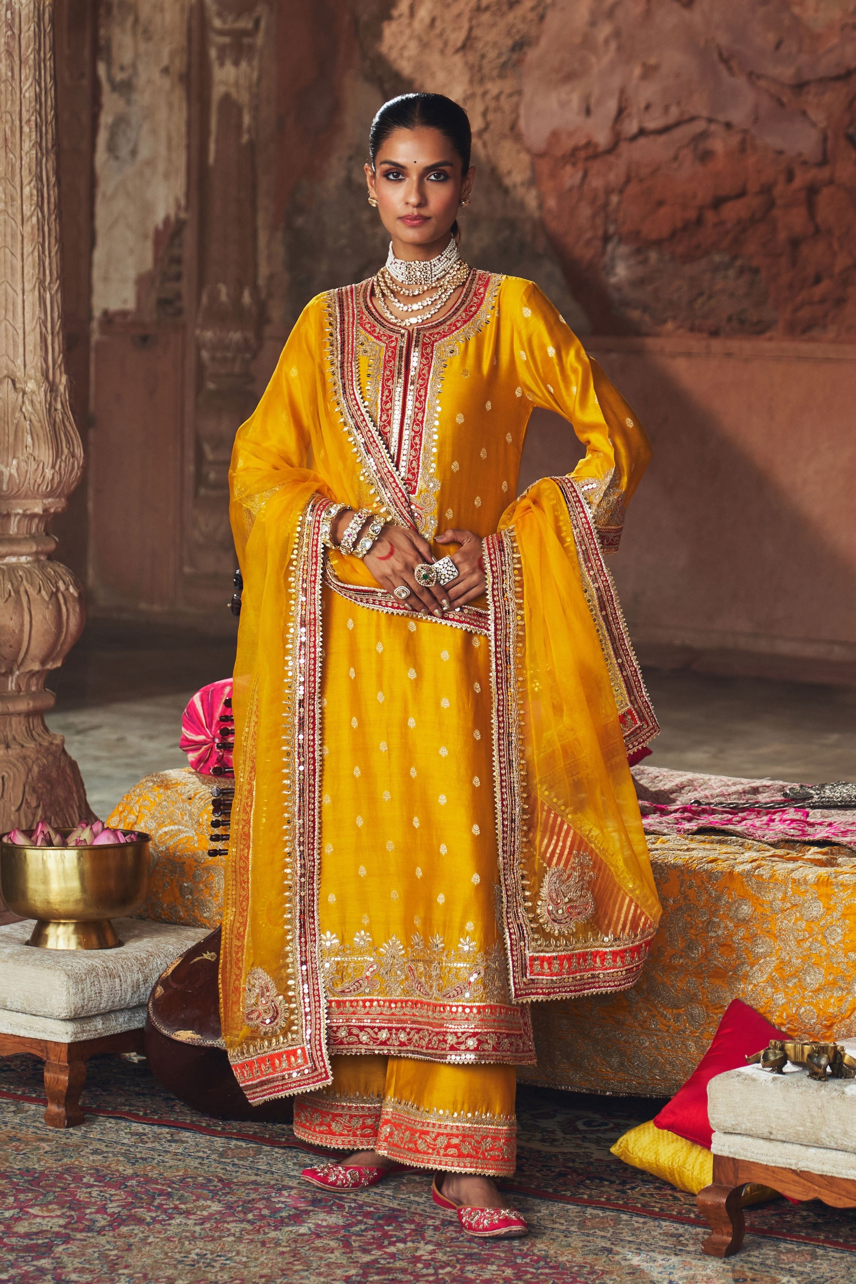Sobia  Mustard Long Kurta With Palazzo And Dupatta