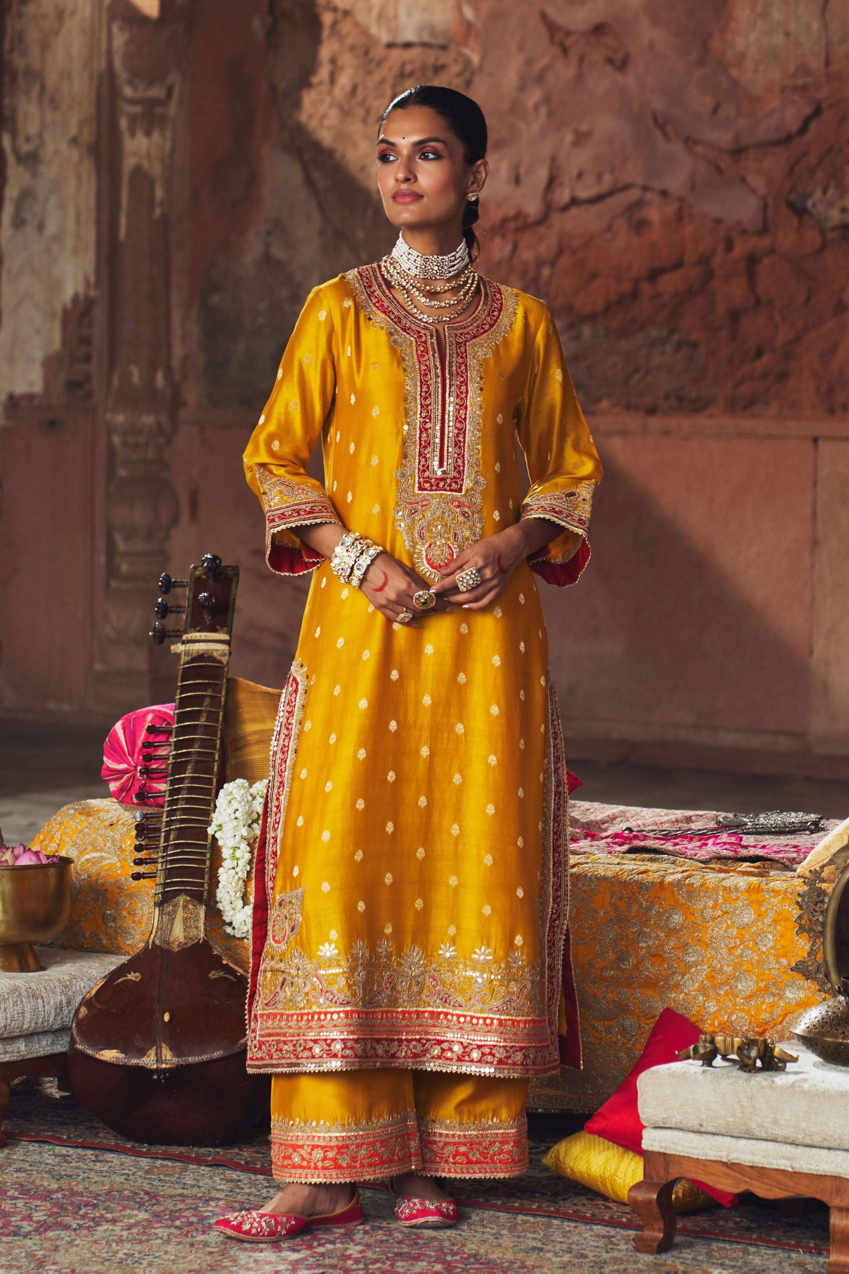 Sobia  Mustard Long Kurta With Palazzo And Dupatta