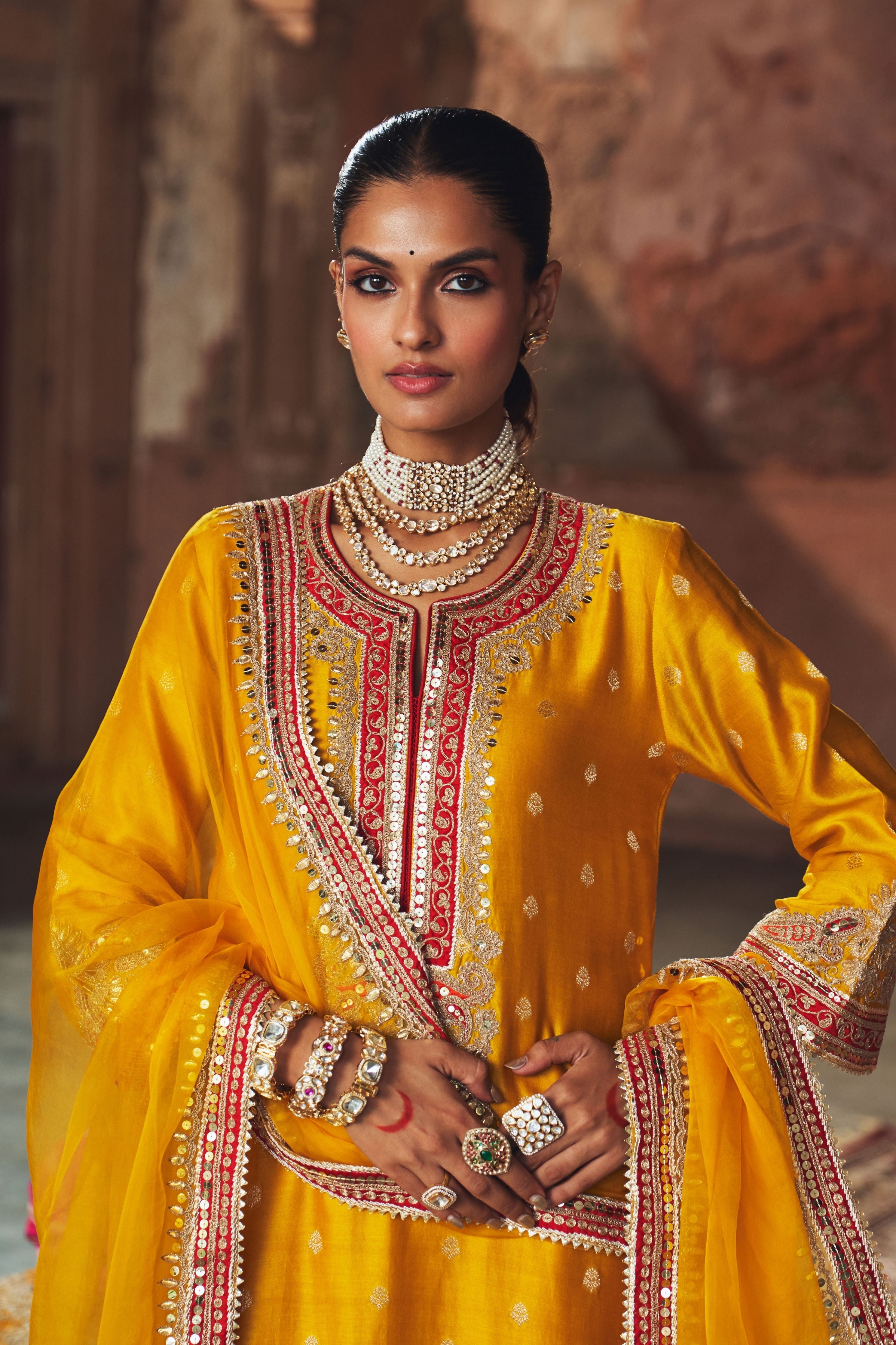 Sobia  Mustard Long Kurta With Palazzo And Dupatta