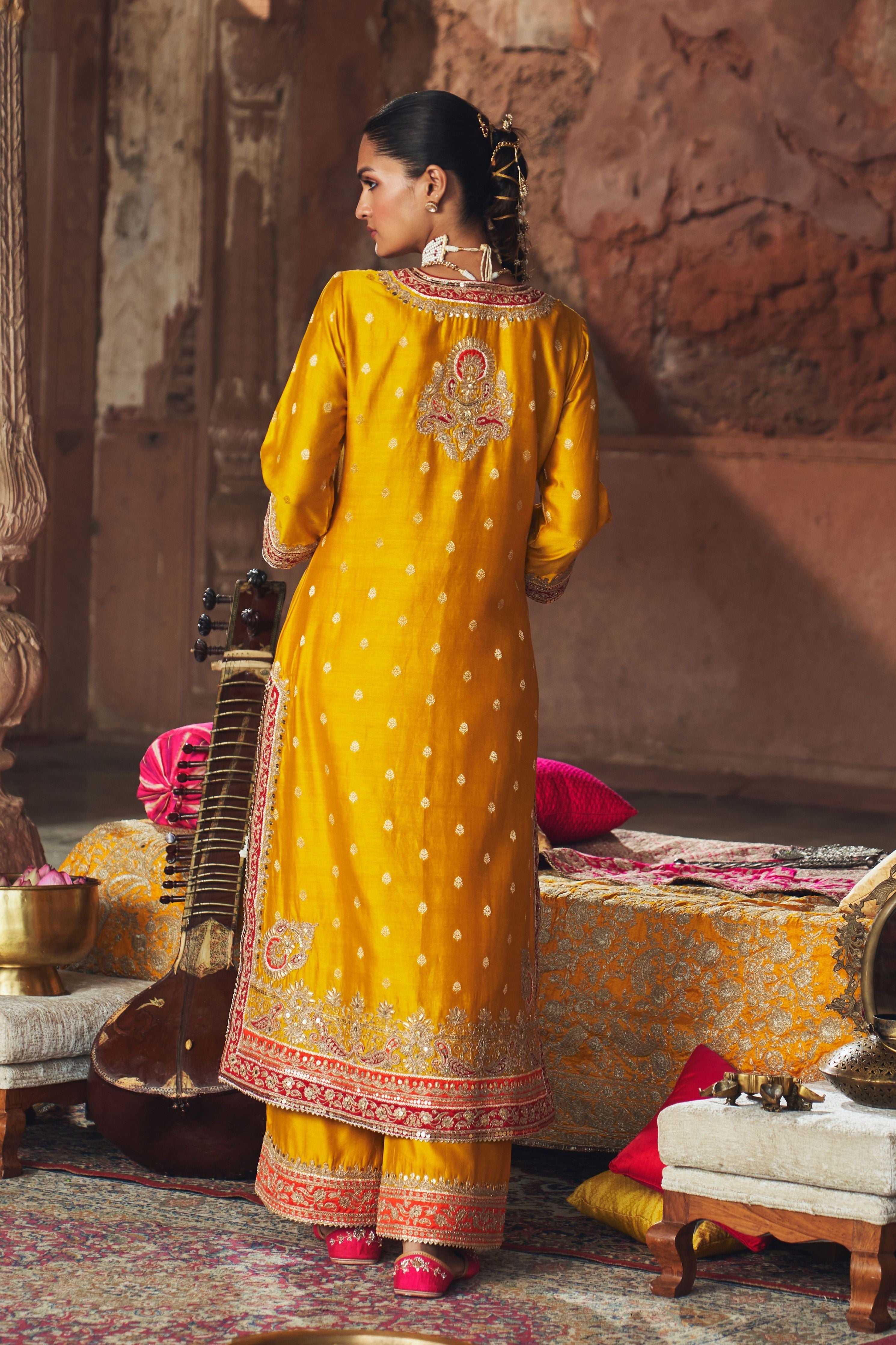 Sobia  Mustard Long Kurta With Palazzo And Dupatta