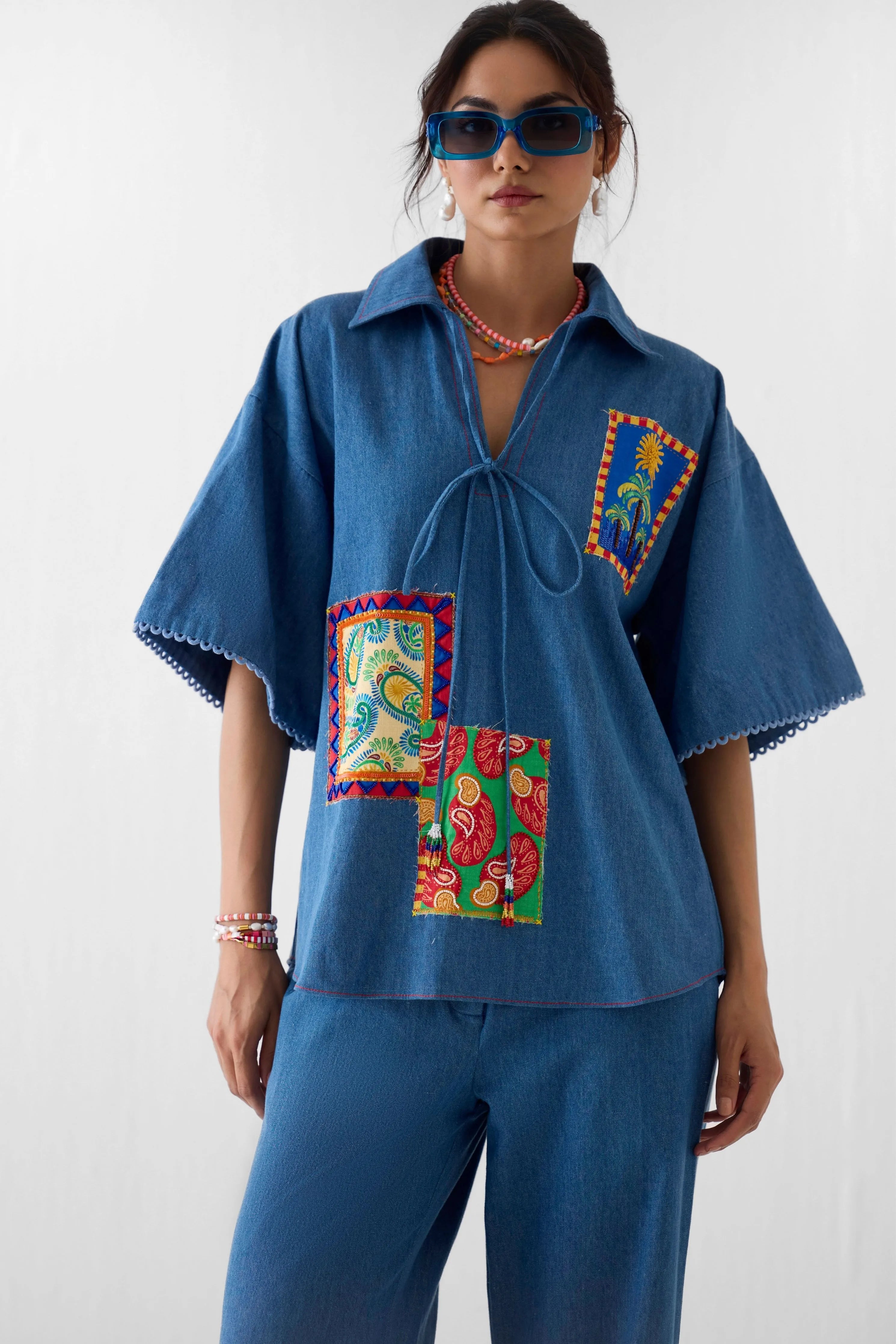 Indigo Patchwork Shirt & Trousers Co-Ord Set